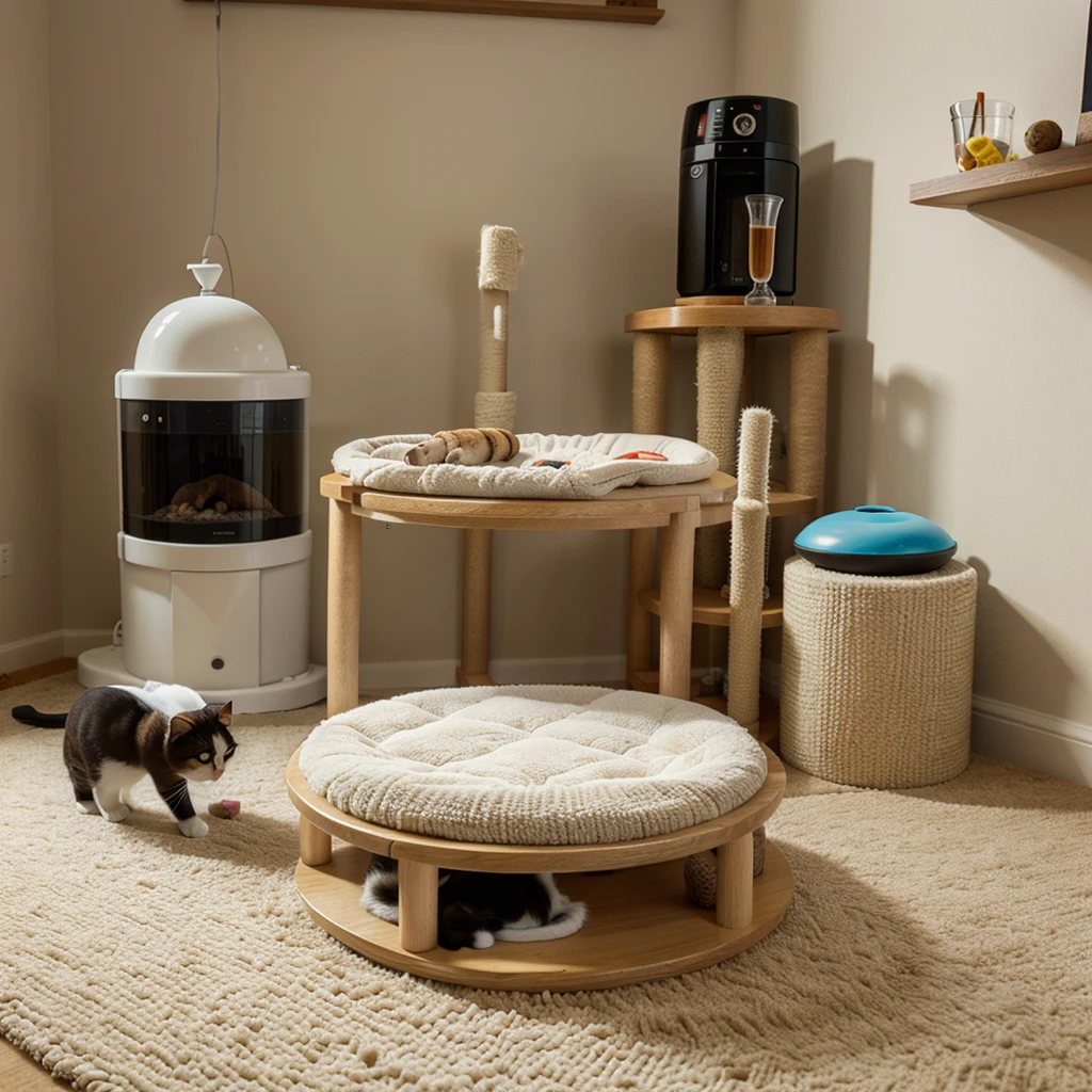 A cat bed with a scratching post, added with a cat toy and a food dispenser with food and water dishes 