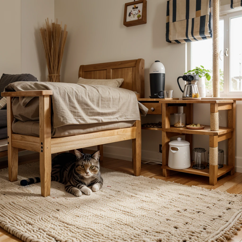 A cat bed with a scratching post, added with a cat toy and a food dispenser with food and water dishes