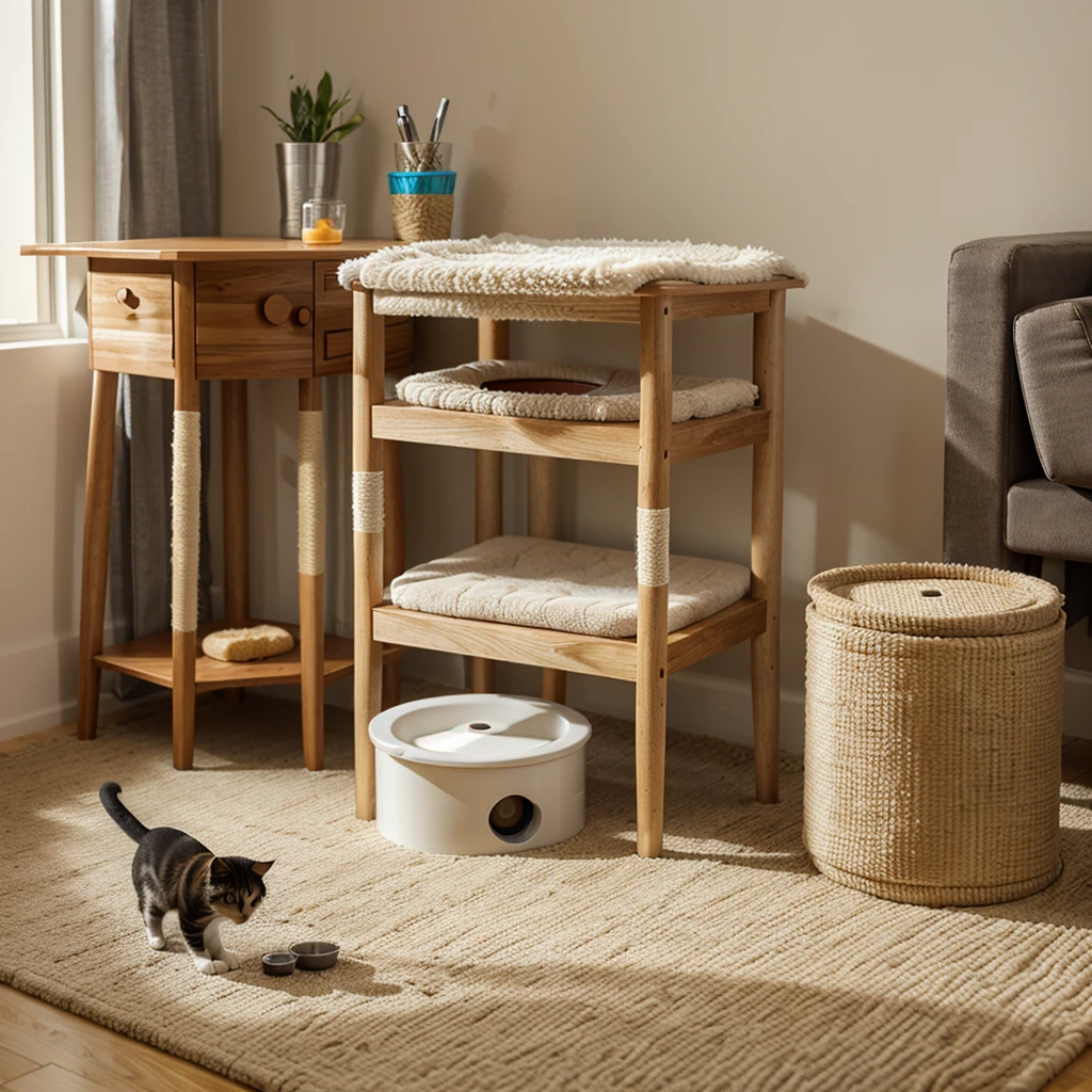 A cat bed with a scratching post, added with a cat toy and a food dispenser with food and water dishes