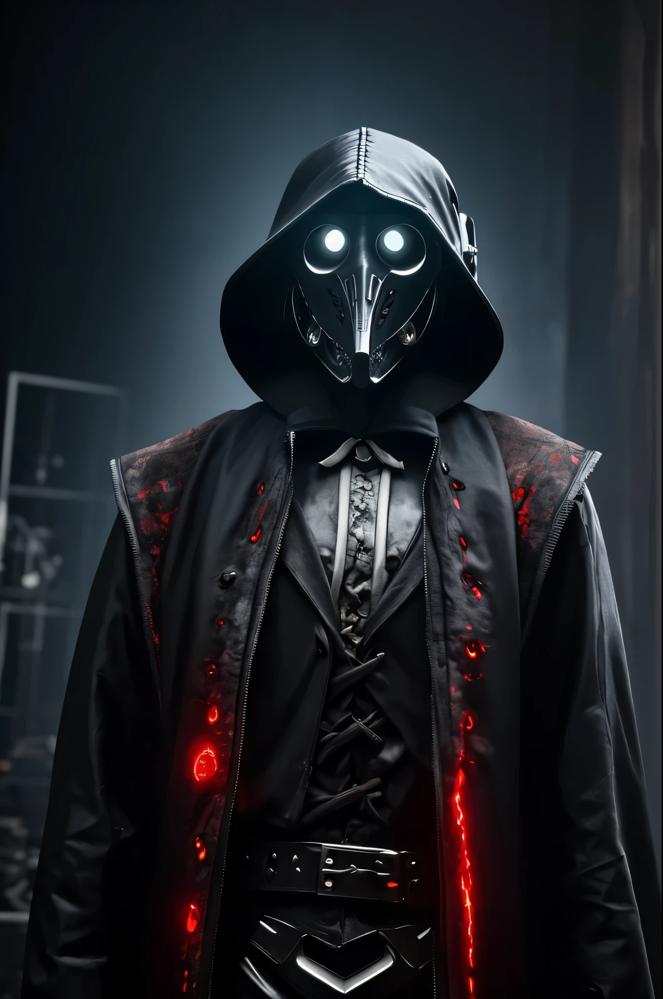 A cyborg plague doctor, raven-themed design, devilcore art style, best quality, 4k, 8k, highres, masterpiece, ultra-detailed, realistic, photorealistic, photo-realistic, HDR, UHD, studio lighting, ultra-fine painting, sharp focus, physically-based rendering, extreme detail description, professional, vivid colors, bokeh, dark moody lighting, gothic horror, dark fantasy, intricate details, mechanical parts, feathers, glowing eyes, ominous atmosphere, dramatic lighting, black and red color palette