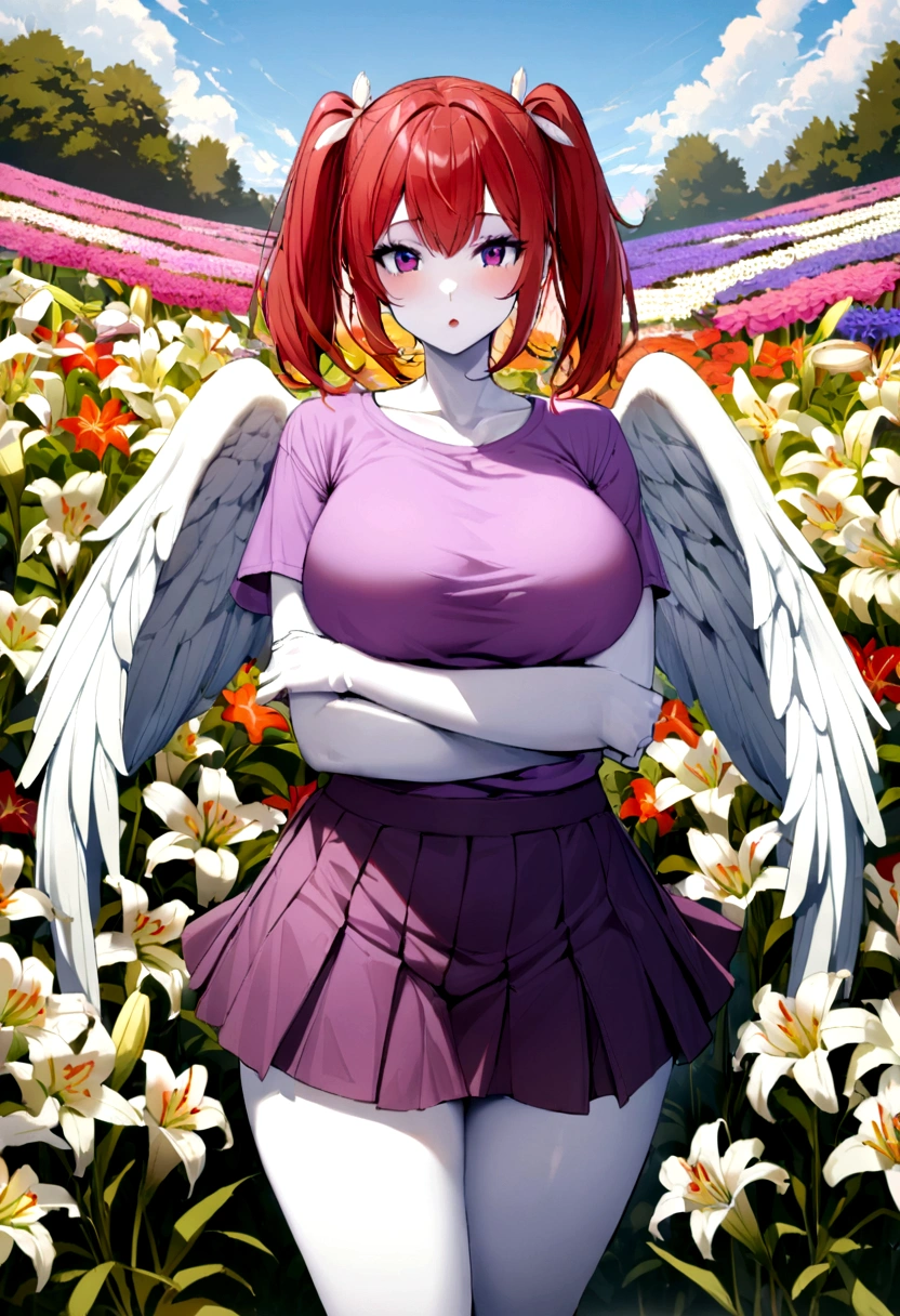 1 girl with red hair in a pigtail, facing the front of the screen, hair with many flowers, white skin, big breasts, big butt, purple short skirt and t-shirt, with angel wings, background Lily garden, standing and posing