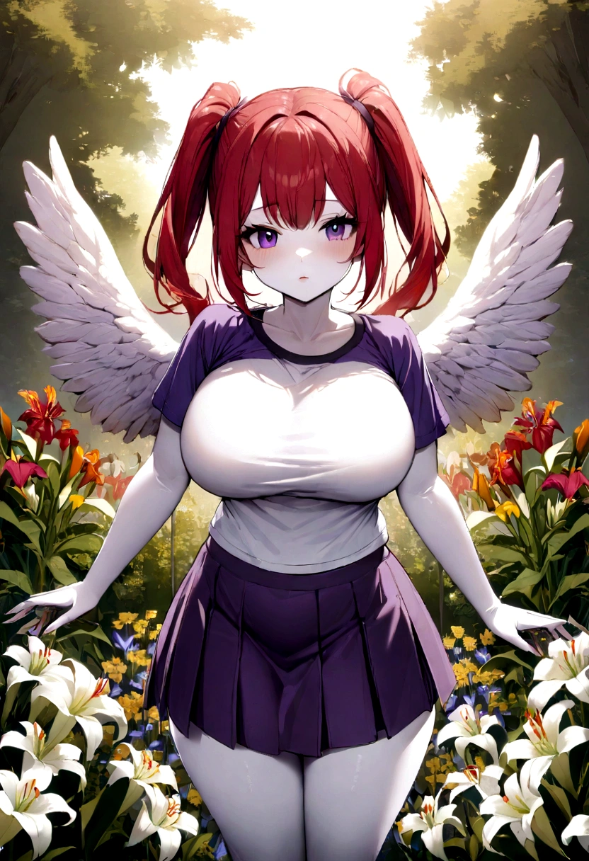 1 girl with red hair in a pigtail, facing the front of the screen, hair with many flowers, white skin, big breasts, big butt, purple short skirt and t-shirt, with angel wings, background Lily garden, standing and posing