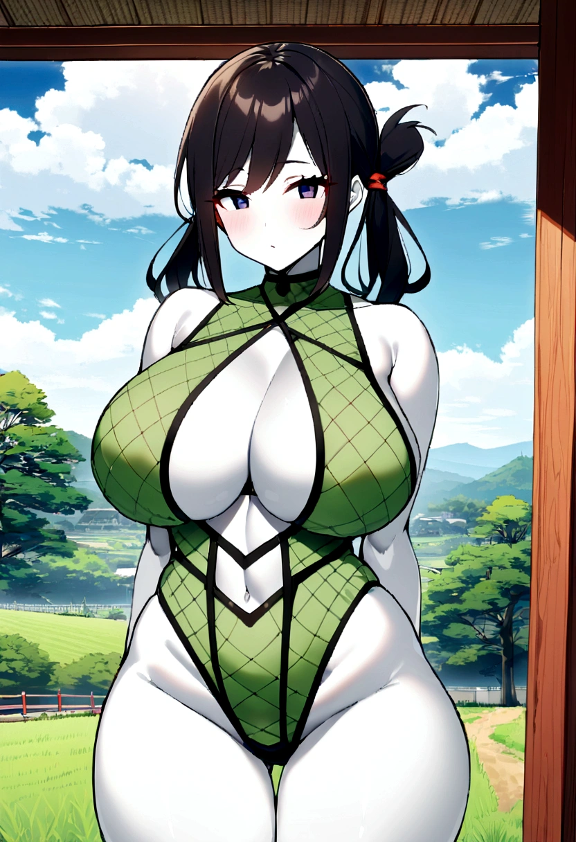 1girl in, 30 years old, Square face, straight look, Black hair tied in a pigtail, body facing the screen, lots of jewelry, white skin, y bigig butt, hot greesh lingerie outfit, colorful patterned dress, rural background in Japan, standing in many sexy positions\