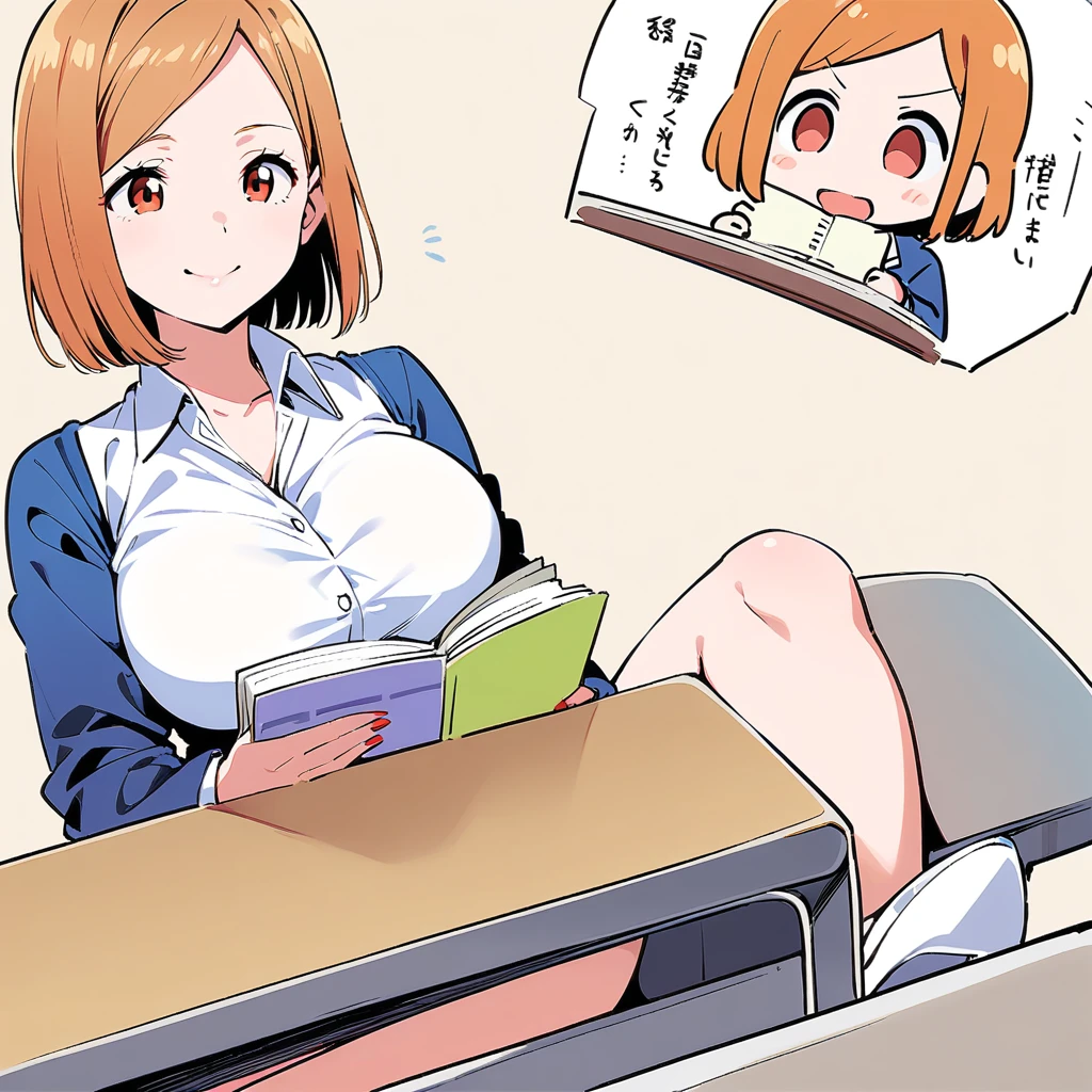 nobara kugisaki, ,white heels,sexy,sitting at desk,watching on board,writting in her copybook,front view, large breasts, smile,red nails