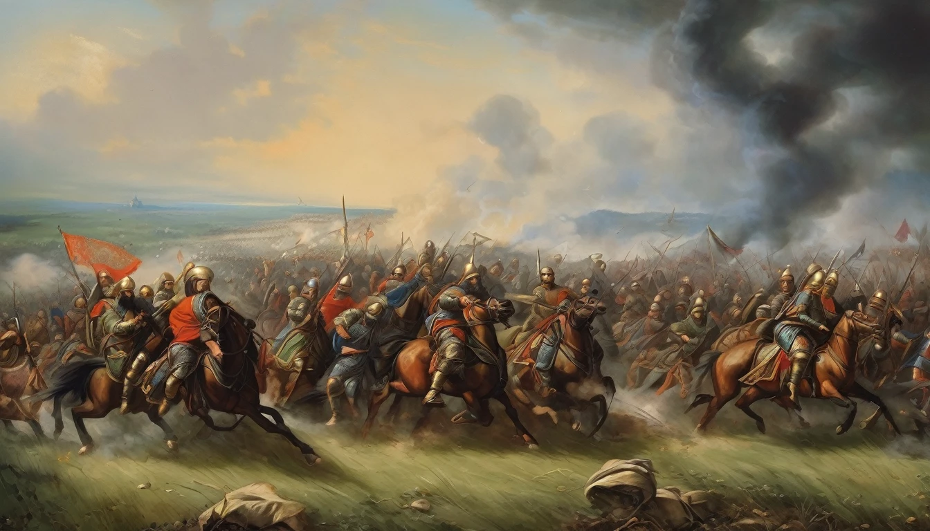 Oil painting, 9th century, battlefield, fleeing army