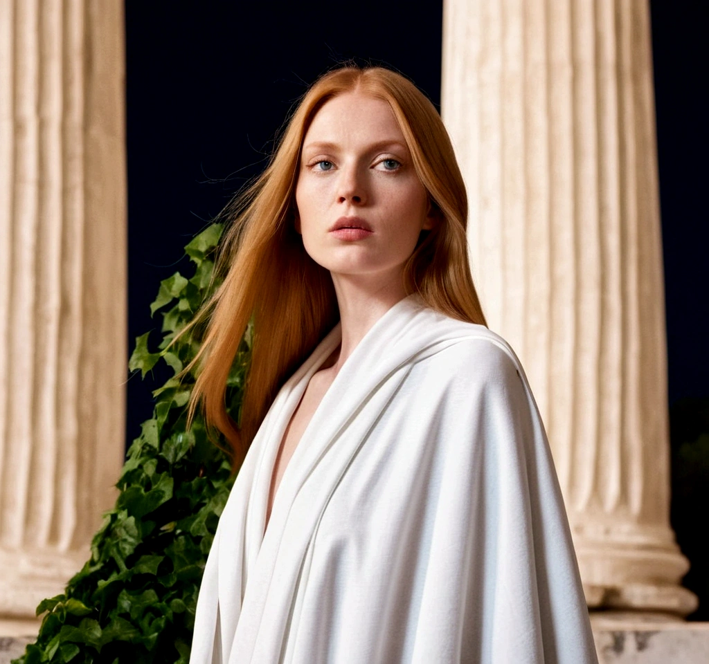 (((Close-up shot from the front))), portrait photos, windy, a wise cool smart keen green Almond eyes short Blonde eyelashes bare-faced rosy fair skin big-boned model with (simple Straight Straight Straight ultra-long ultra-long ultra-long shiny ginger hair) in simple white Draped Cloak over simple white Draped robe. The scene is overgrown Ivy coils around the white marble columns of an ancient Greek temple. soft cinematic lighting, pale blue tone, night.