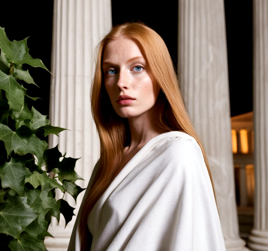 (((Close-up shot from the front))), portrait photos, windy, a wise serene cool smart keen green Almond eyes light Blonde eyelashes bare-faced rosy fair skin big-boned model with simple Straight Straight Straight Straight Straight ultra-long ultra-long ultra-long ultra-long ultra-long ultra-long shiny ginger hair in simple white Draped Medieval cloak. The scene is overgrown Ivy coils around the white marble columns of an ancient Greek temple. soft cinematic lighting, pale blue tone, night.