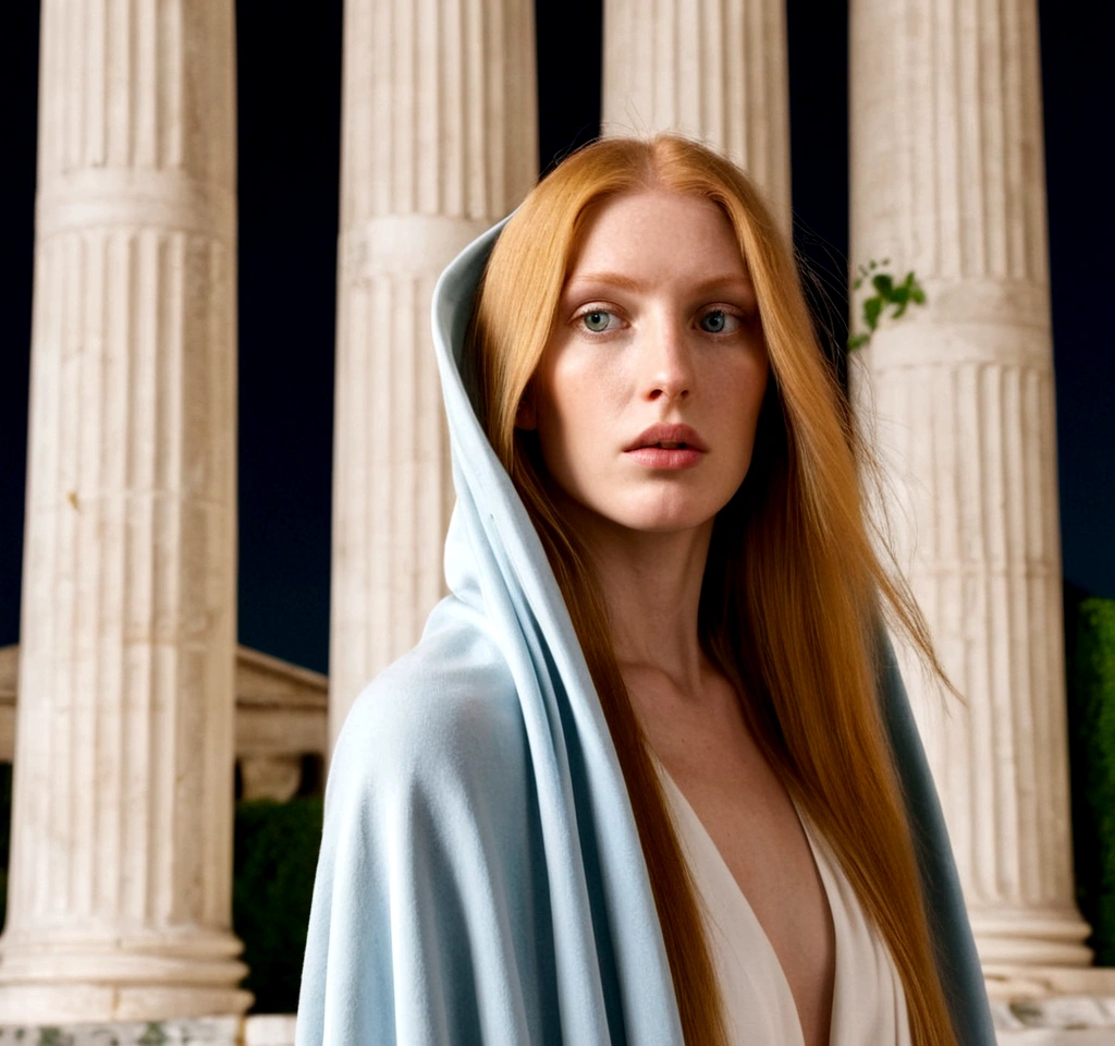 (((Close-up shot from the front))), portrait photos, windy, a wise cool smart keen green Almond eyes short Blonde eyelashes bare-faced rosy fair skin big-boned model with (simple Straight Straight Straight ultra-long ultra-long ultra-long shiny ginger hair) in simple white Draped Cloak over simple white Draped robe. The scene is overgrown Ivy coils around the white marble columns of an ancient Greek temple. soft cinematic lighting, pale blue tone, night.