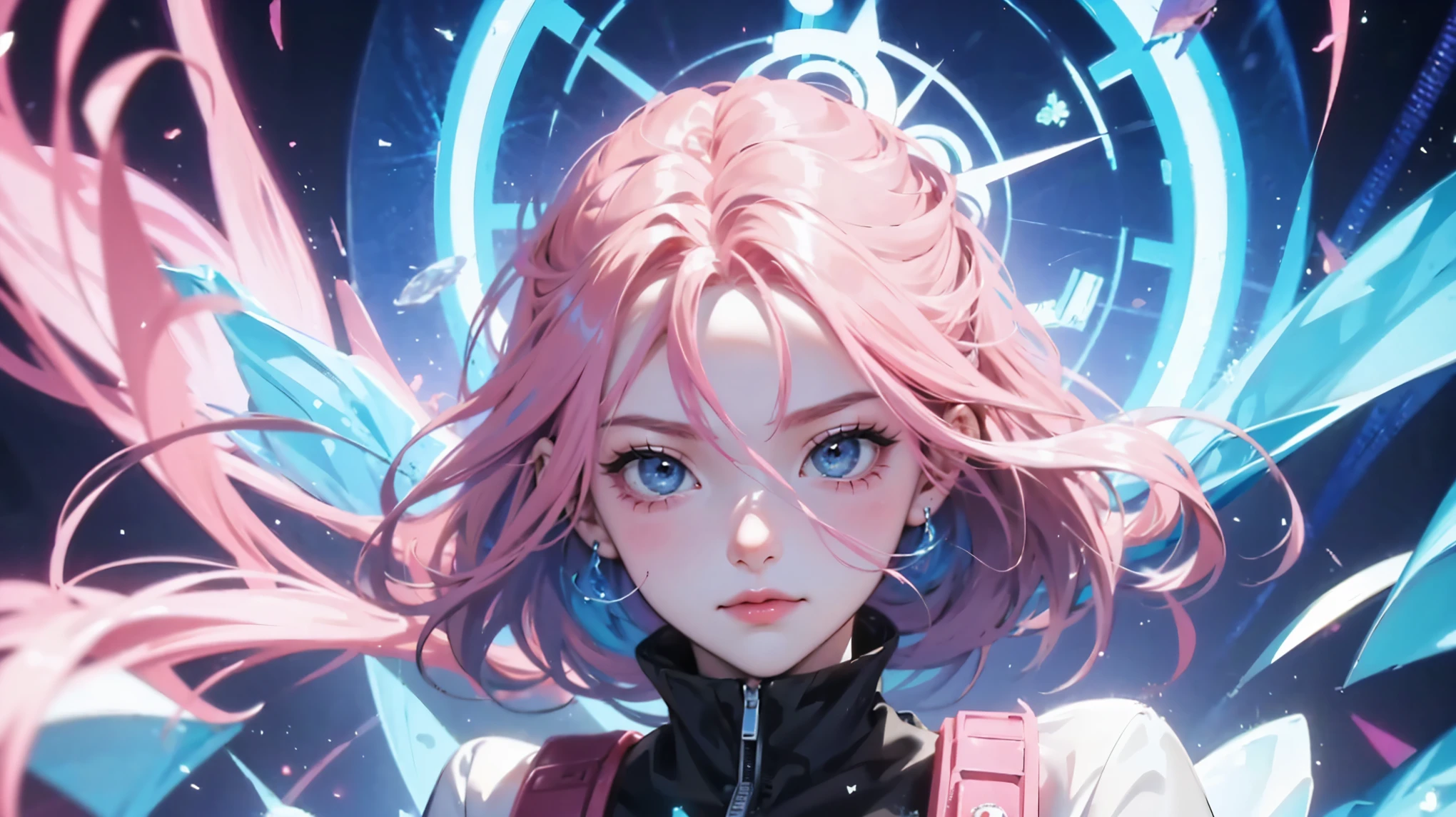 pink hair, Woman, algebraic symbols, technology around, fly away, embarrassed face, blue colored eyes