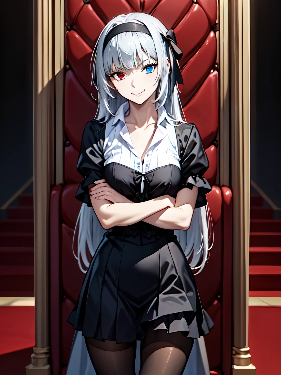 masterpiece、high quality、Perfect hands、最high quality、solo、One girl、Standing、Silver Hair、(Heterochromia iridis、Red Eye:1.3、Blue Eyes:1.2)、Long Hair、head band、Black ruffled dress、goth short dress、White collar shirt、Black Pantyhose、clavicle、Open collar、,(Genuine、Realistic、Realistic:1.30)、High resolution、超High resolution、Ultra-fine painting、Sharp focus、Physically Based Rendering、Cowboy Shot、smile、Closed Mouth、Arms crossed、Throne Room、Red carpet、stage、Pillar、curtain