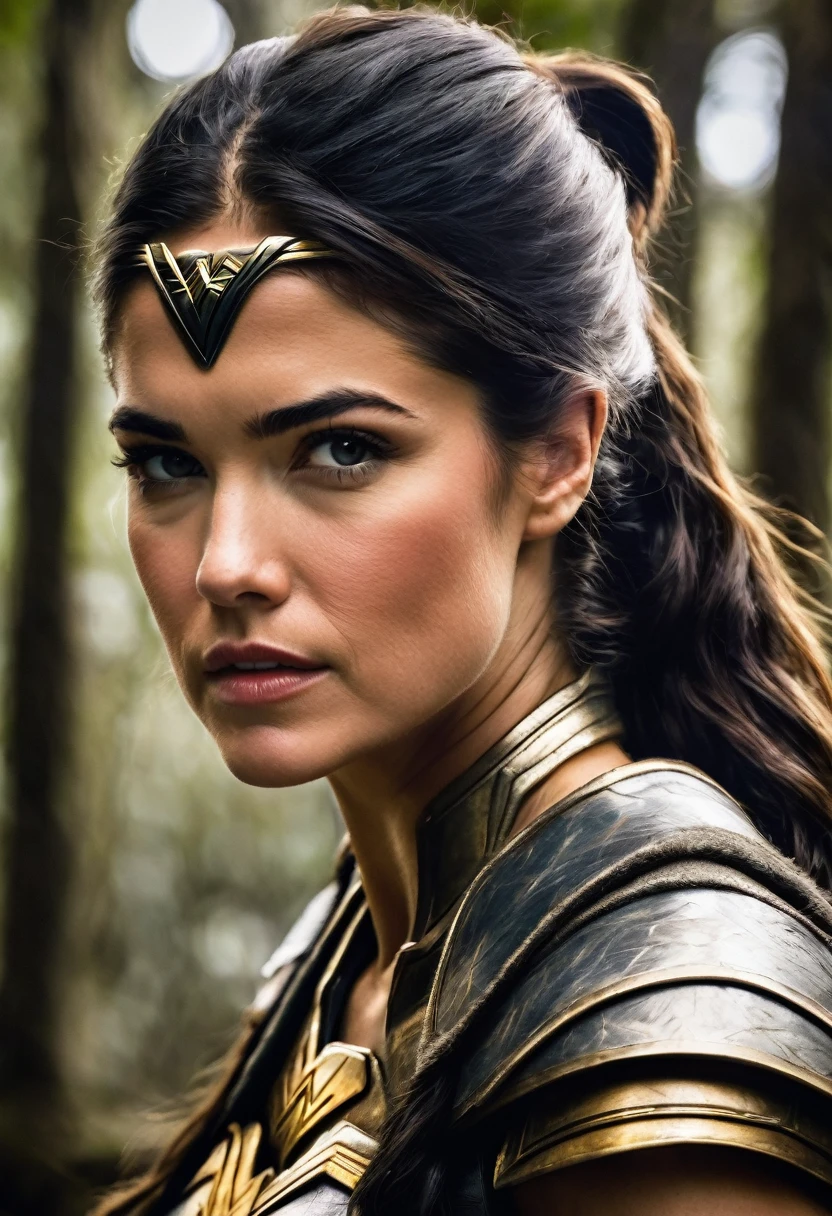 (((Extreme close-up of a beautiful mature woman Marie Avgeropoulos long black hair (((Diameter))),(((Hair gathered in a ponytail and abundant )))under the mantle of the Amazon warrior Wonder Woman images Surreal cinematographic HD images Color Splash))),(((Diameter))),(((Diameter Wonder Woman)),(((Front Images)))