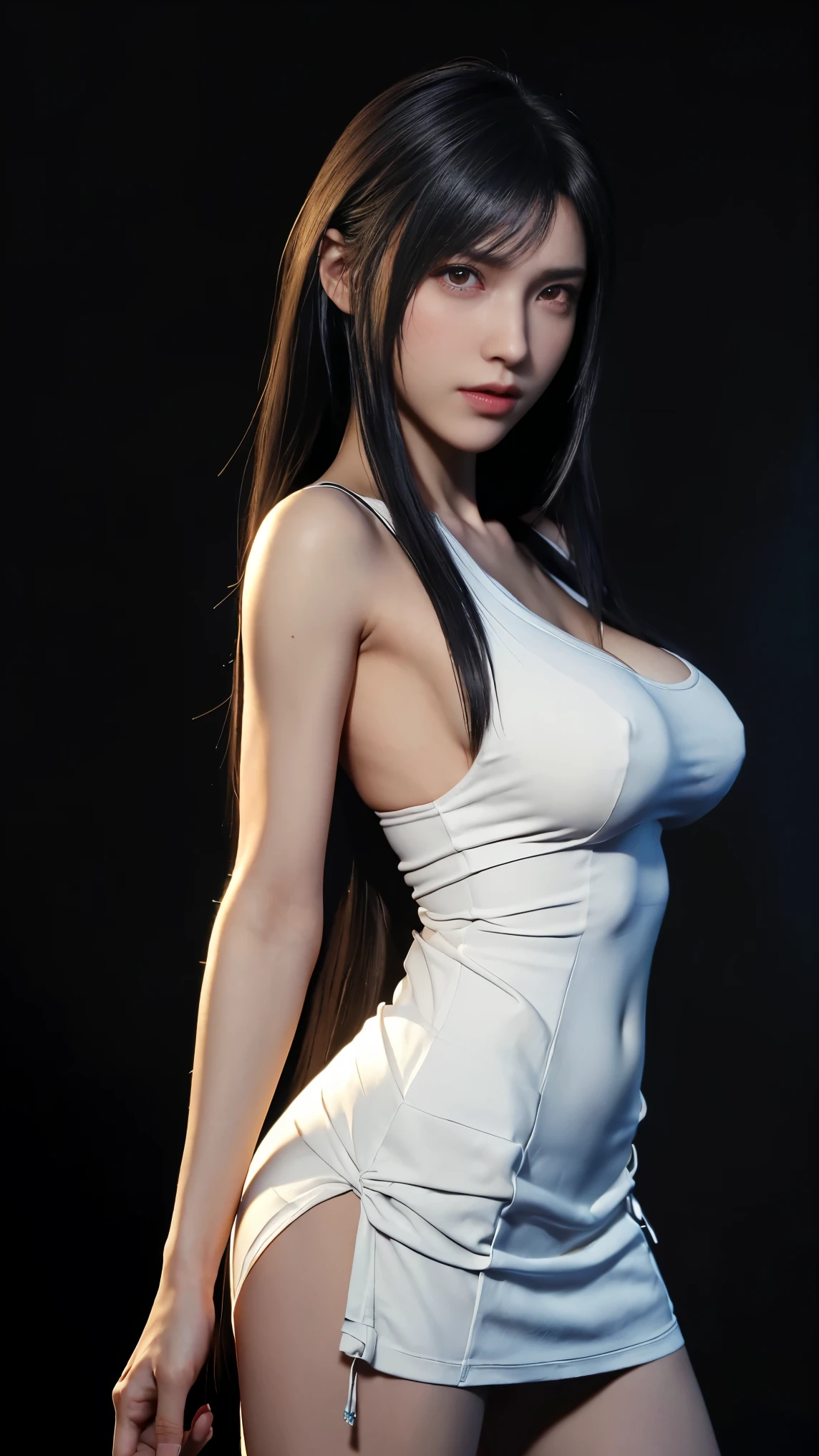 8K, Top Quality, Intricate Details, Ultra Detail, Ultra High Resolution, Masterpiece, close up shot, (full body: 1.1), Slender, Smile, (Makeup: 0.4), (walking), (Fluffy Eyes: 1.21), ((bangs)), 1girl, solo, 1 girl, (((red eyes, black hair, bangs, long hair, )), ((Tifa,Tifa・lockhart,Final Fantasy 7,FF7,l)), close up shot, , ((tall)), (((fit body))), (((slim face))), sharp face, ((,any dress)) , (detailed face), sharp face, small lips, ( walking), walk pose, walking pose,
((, )), , ((,)), detailed face,(( detailed breast, large breast, huge breast,)) (( )), detail ass, Narrow Waist, Skinny, tall , 175 cm tall, Muscular, Navel, Exposed Abdomen, Pointed Chest,, Beautiful girl with accentuated slender abs: 1.4, Six Pack Abs: 1.4,, Perfect Body, detail leg, (( dark background)), black background,