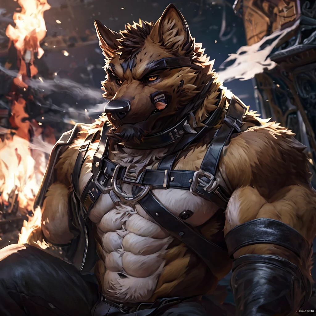 muscular male anthropomorphic german shepherd, black leather harness, police badge, daddy, black leather pants, black fur on body, tan fur on body, light light brown fur on body, cigar lit, black leather collar, silver chain connected to a d-ring on collar, hyperrealistic, photorealistic, 8k, highly detailed, cinematic lighting, chiaroscuro, dark and gritty, moody, dramatic