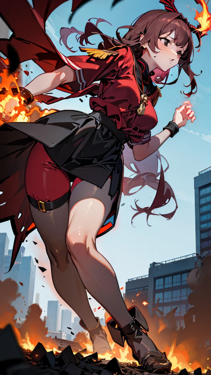 Striding through a busy university campus, the Giantess Goddess with crimson skin and onyx black eyes looms over the buildings. Her hair, a cascade of crimson flames, sets the surroundings ablaze. Normal-sized students and professors scatter, but many are caught and crushed underfoot. She scoops up the survivors, pressing them against her crimson curves, their struggles amplifying her pleasure.