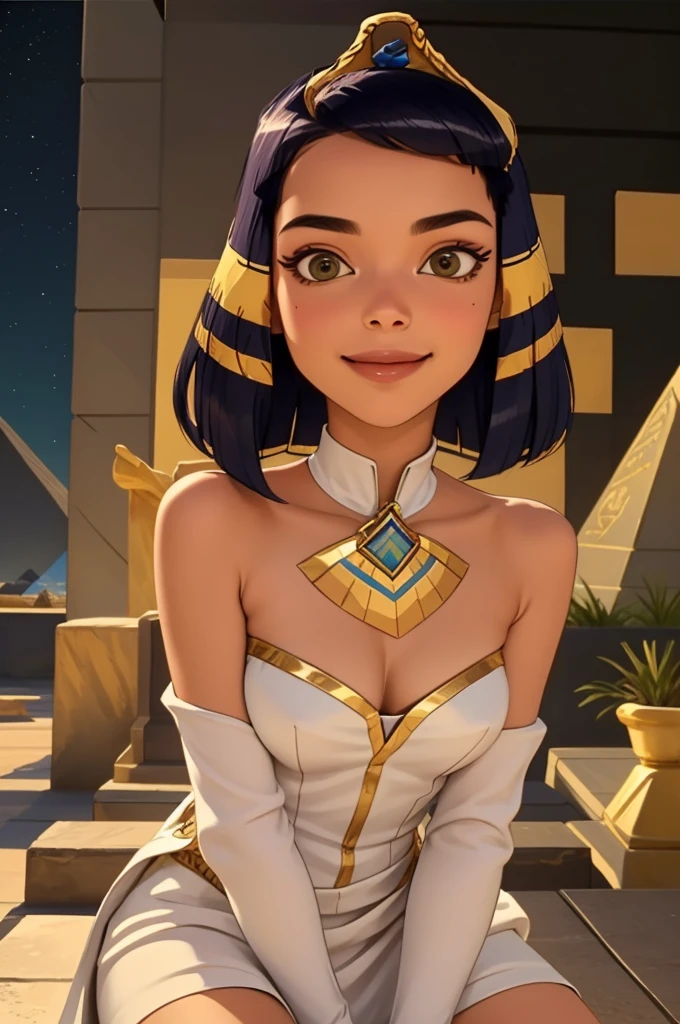 Cleopatra, 1girl, solo, sark skin, tiara, white dress, pharaoh collar, gold collar, shoulder pads,
smile,closed mouth,cowboy shot, sitting,
desert, pyramid \(structure\),
(insanely detailed, beautiful detailed face, masterpiece, best quality) cinematic lighting,