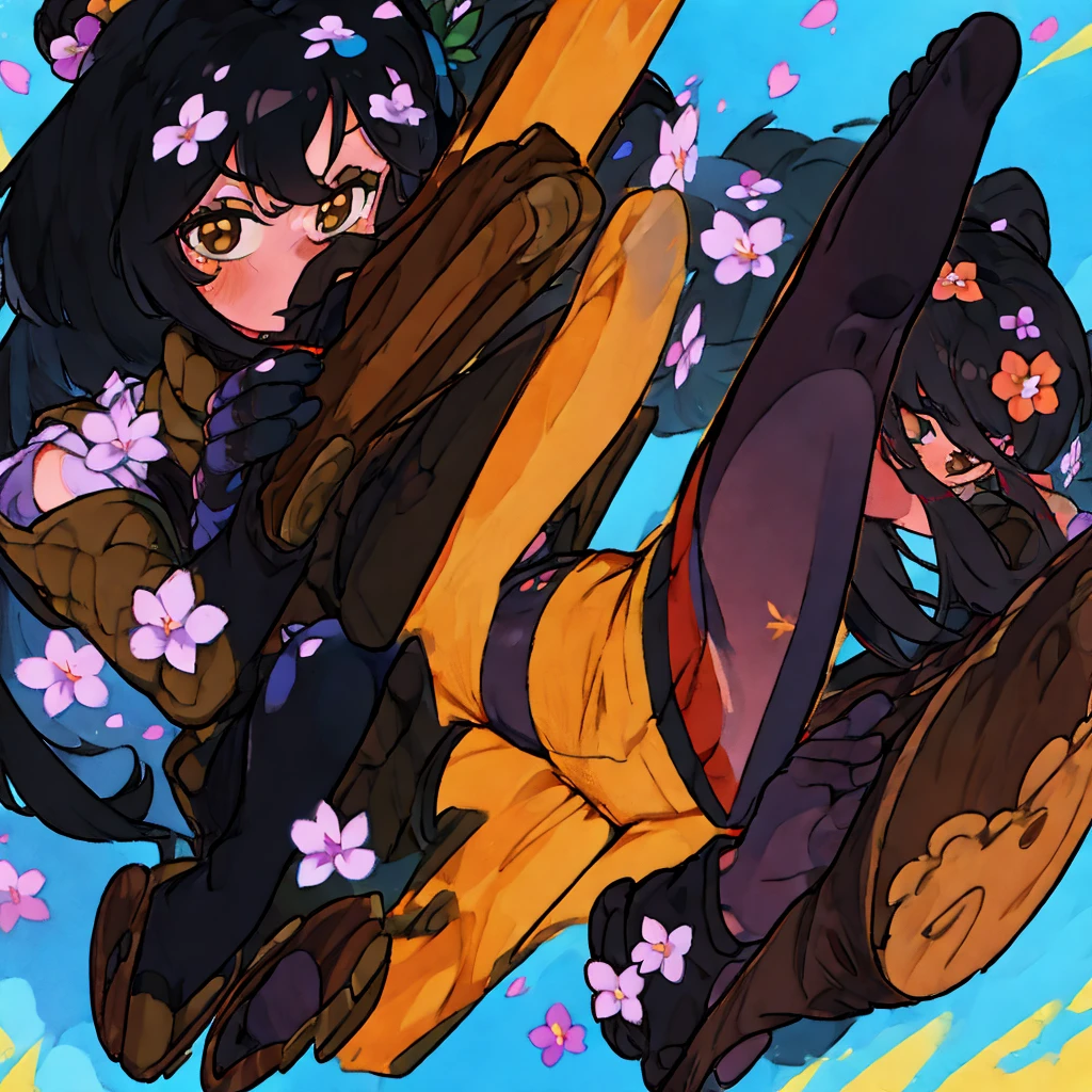 A woman with long black hair and brown eyes wears a sock adorned with painted flowers that covers her entire leg. She also sports a pair of wooden slippers, gloves featuring painted flowers that extend to her forearms, and a pompom on her shoulder. Her low-cut sweater is shaped like a flower, and she is wearing a swimsuit.