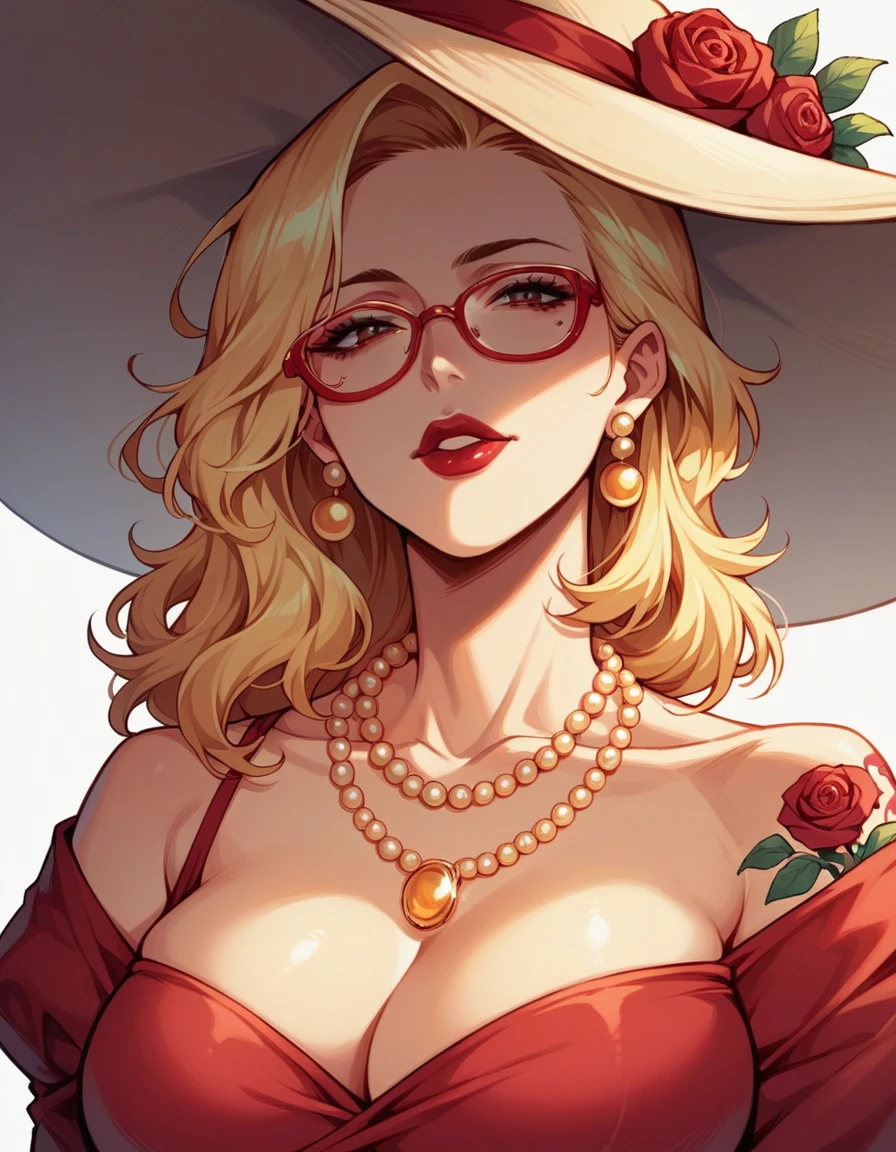 blonde hair woman, milf, several golden pearl necklaces, long necklaces, red glasses, roses tattoos covering the entire body, thin chin, red dress, red big hat