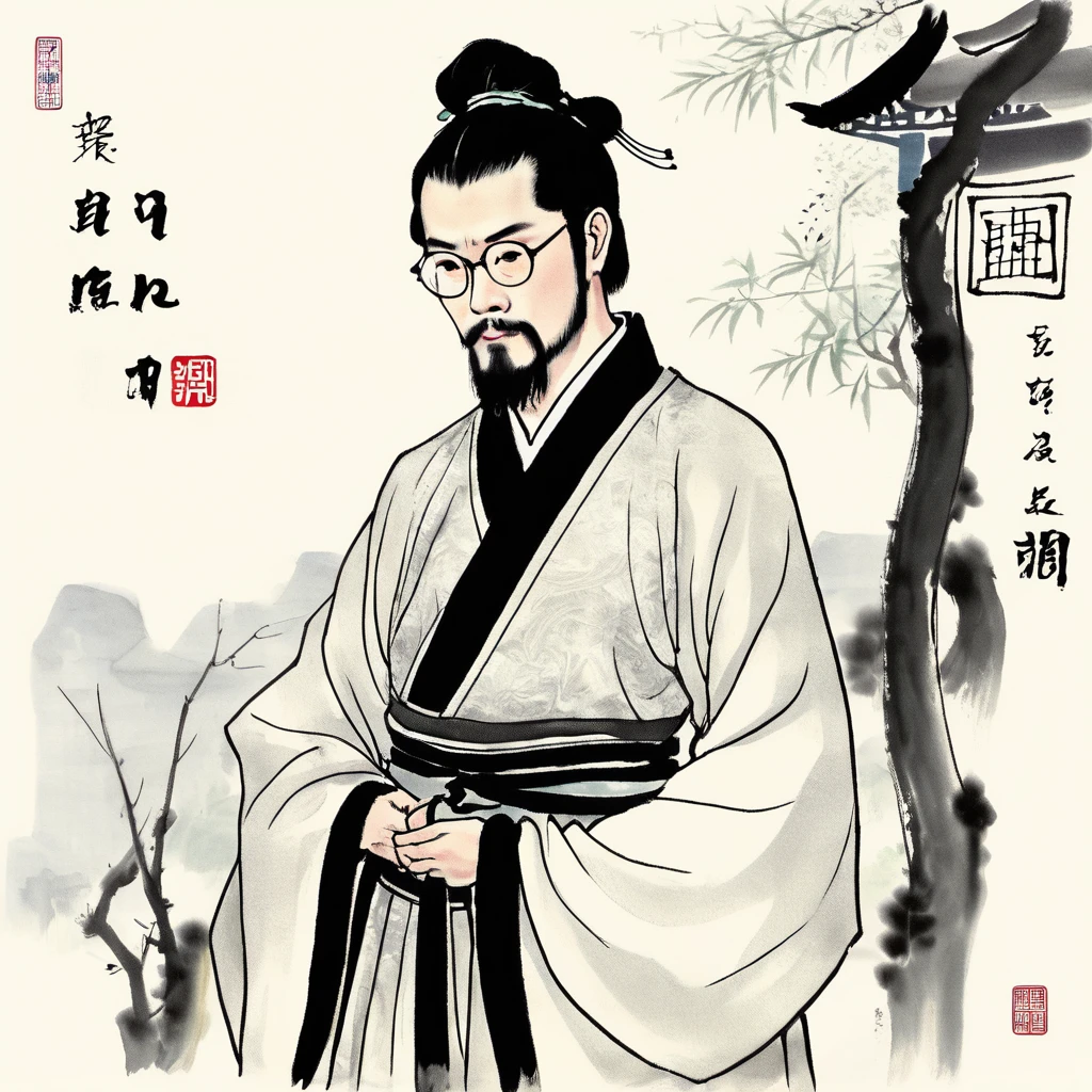 man, with stubble, short beard, short mustache, Beard scum, slightly curly hair, and black square plastic-framed glasses，whole body, Ancient costume, Hanfu, solo,antiquities, chinese style, figure in the tang and song dynasties, ,delicate attire,serene expressions,cultural richness,timeless charm,black hair,  chinese painting, illustration