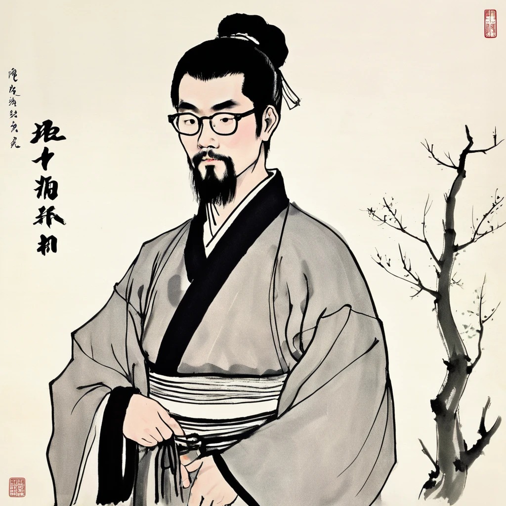 man, with stubble, short beard, short mustache, Beard scum, slightly curly hair, and black square plastic-framed glasses，whole body, Ancient costume, Hanfu, solo,antiquities, chinese style, figure in the tang and song dynasties, ,delicate attire,serene expressions,cultural richness,timeless charm,black hair,  chinese painting, illustration