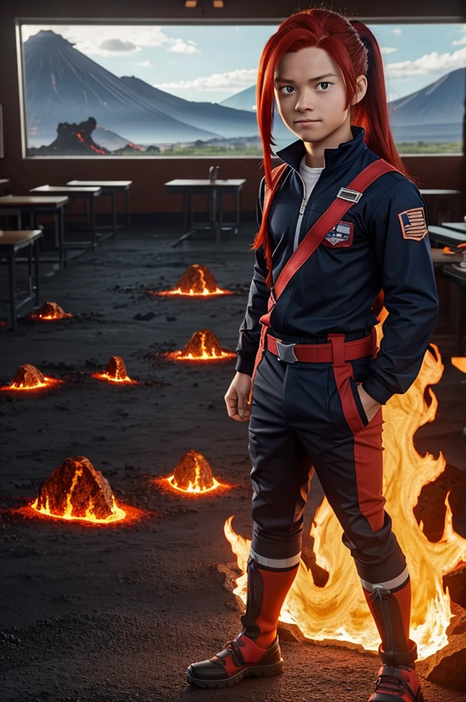 Screenshot. 
A boy from My Hero Academia with long red hair tied in a ponytail, with a volcanic lava quirk and oppositely wear the UA uniform with rock boots. A background of a classroom at the Ua