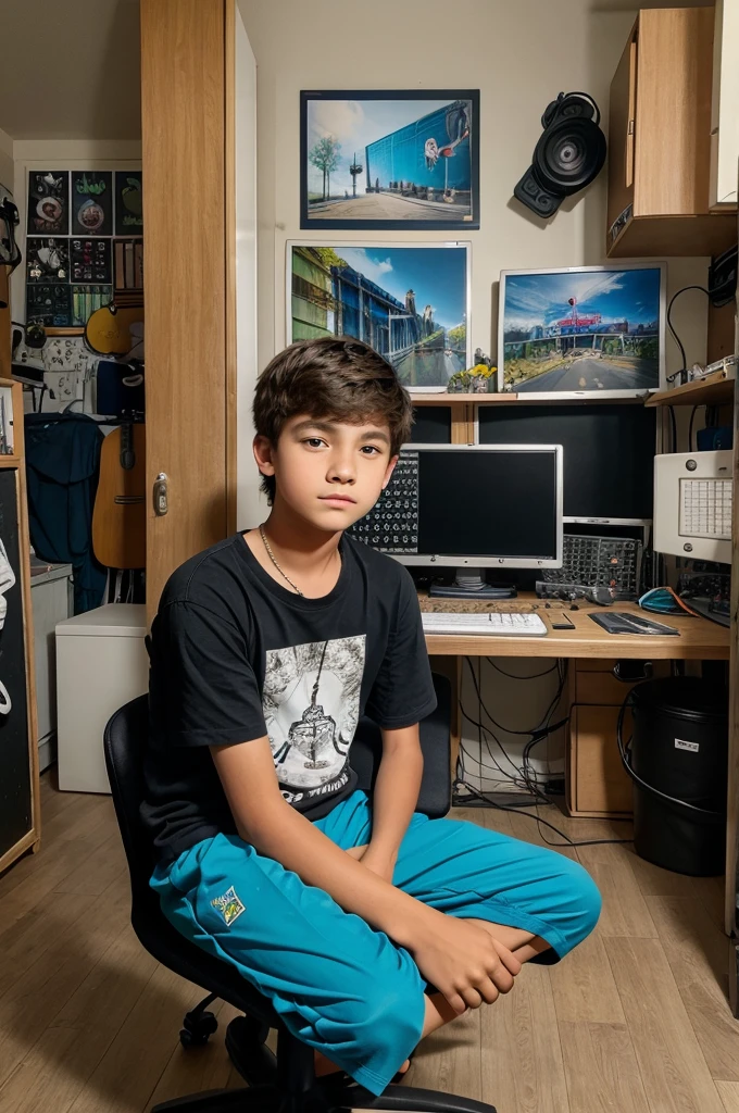 boy sitting on his studio he see in front
