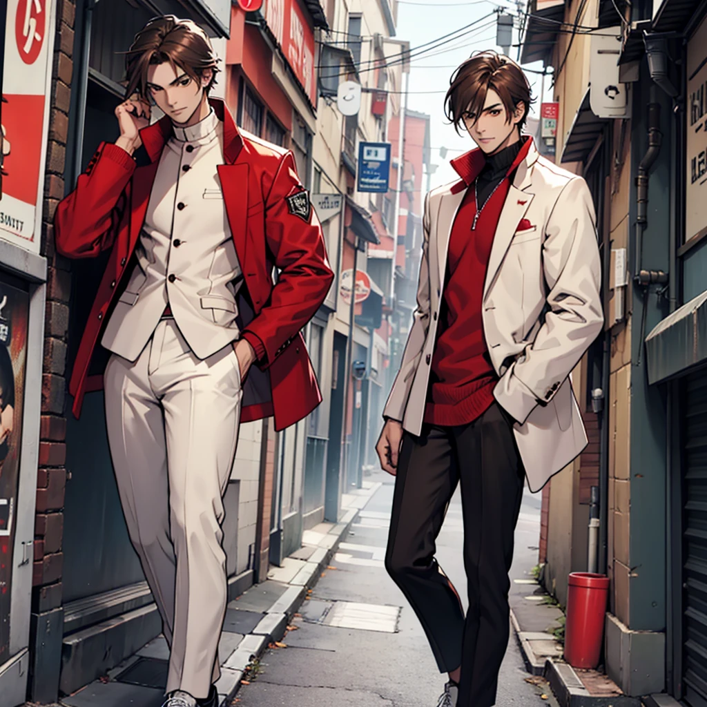 Create a comic slender brown male character with almost straight and pointy hair with brown eyes wearing a red outfit and black pants and a white jacket with white shoes