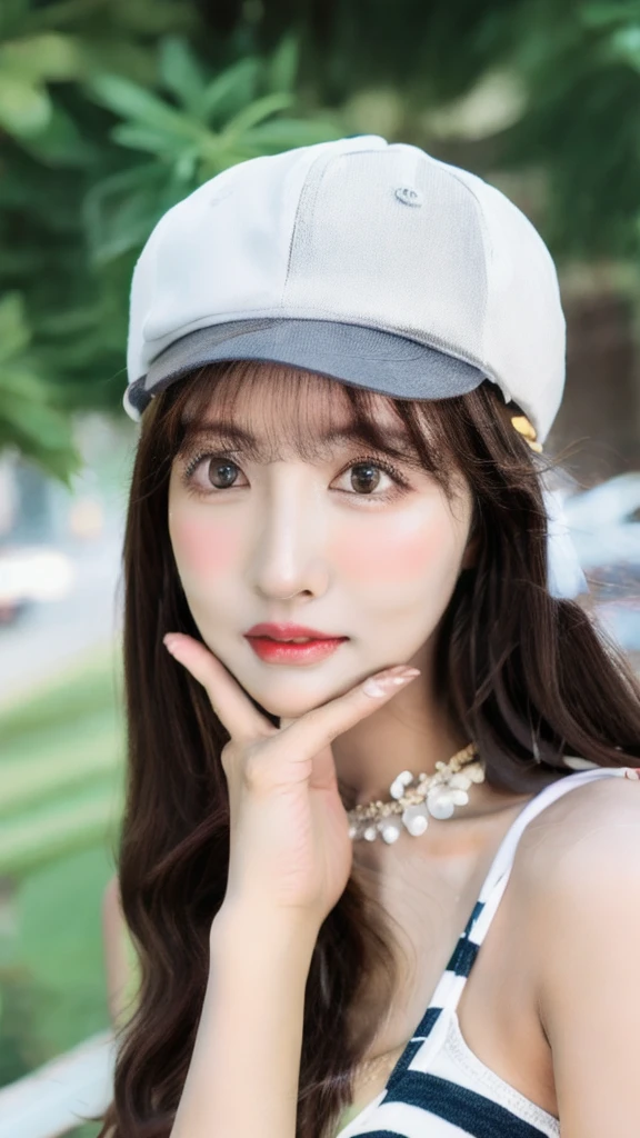 Portrait of karina, (baseball cap), street photography, city streets, blushing, awkward smile, looking into camera, (8K, best quality, masterpiece:1.2), (realistic, photo-realistic:1.37), ultra-detailed, 1 girl,Korean 20-year-old beauty， cute, solo, beautiful detailed sky, night, dating, (nose blush), (closed mouth) huge breasts, beautiful detailed eyes, realistic, photo, matte colors, detailed backgound,  eye makeup,Bikini,messy hair, Natural light,(pureerosface_v1:0.5), (ulzzang-6500-v1.1:0.5)  