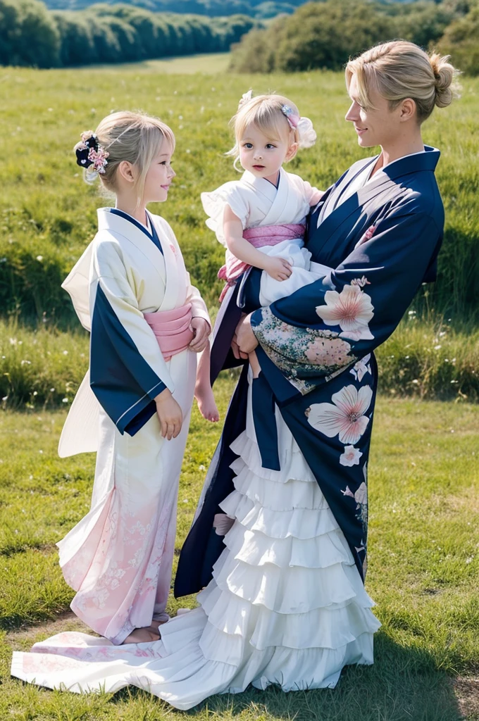 ,White people,kimono,Mermaid Skirt,Fluttering,Frills,4 people,luxury,whole body,2 children,family,Blonde,Side by side,2 children,grassland,
