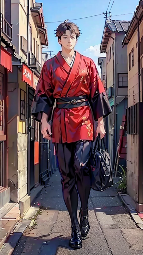 A HANDSOME MAN, MANY, BLACK HAIRED, WITH BROWN EYES WEARING A RED KIMONO, NAMED "SUGURU GETI" IN A REALISTIC 8K-HDR VIEW, IS STANDING IN THE MIDDLE OF A BEAUTIFUL CITY, WITH A SPRING FEEL.