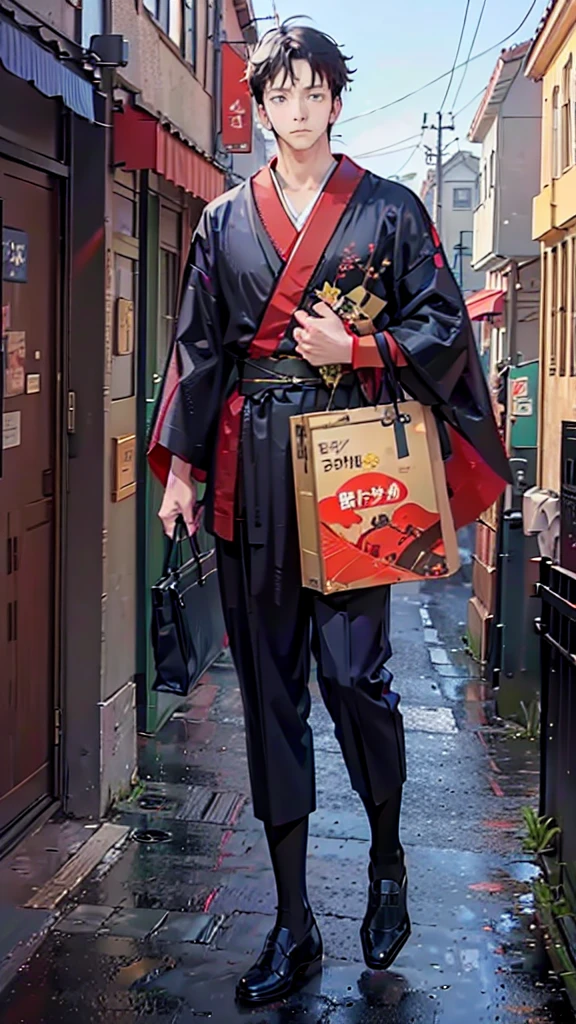 A HANDSOME MAN, MANY, BLACK HAIRED, WITH BROWN EYES WEARING A RED KIMONO, NAMED "SUGURU GETI" IN A REALISTIC 8K-HDR VIEW, IS STANDING IN THE MIDDLE OF A BEAUTIFUL CITY, WITH A SPRING FEEL.