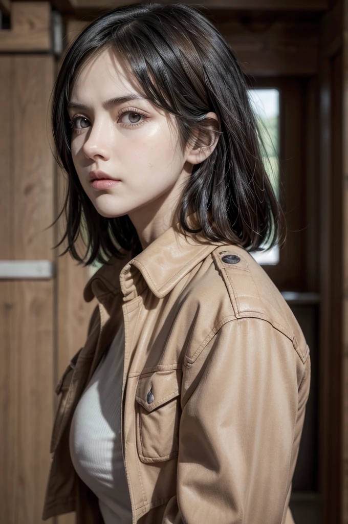 Mikasa from attack on titan, realistic, age 25, extreme pure white skin, brown pupils, black brown hair, white uniform on top of that a jacket, perfect face, perfect shape body, large breasts, clothes covered upper body, 3d .