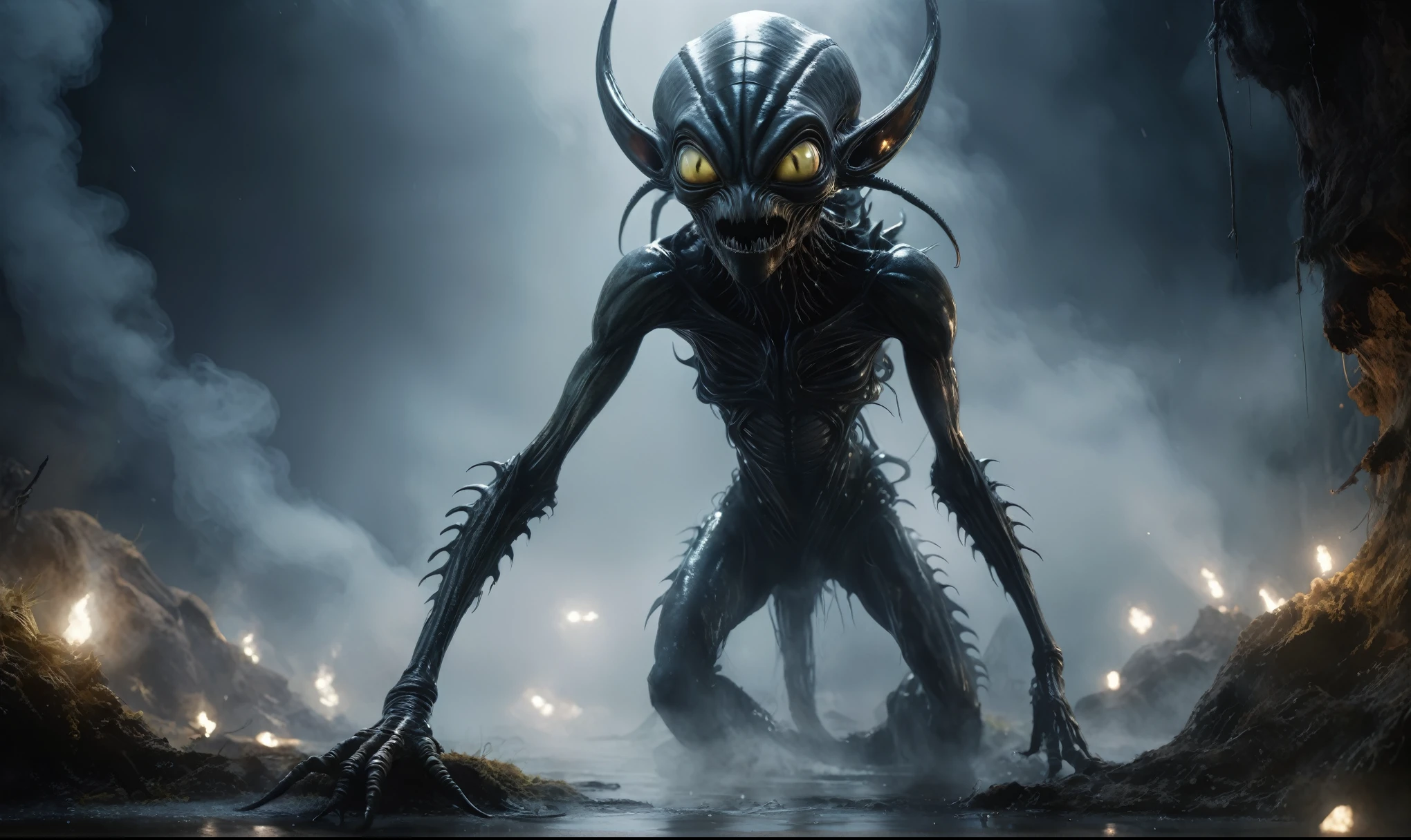 full body length,niobium goblin,native africa xenomorph,once pretty face,eyebrow up,full body shot,ominous landscape,niobium gray atmosphere,photo,photorealism,Masterpiece,hyper natural skin textures, hyper realism,hyper detailed,High contrast,Realism,Ultra Detailed,irina yermolova,close full body shot,32K resolution,Nikon Z9, ,demonic, fog, smoke, audience, mist, featuring ultra-realistic and hyper-realistic elements,
Marta Bevacqua, Ellen Jewett, Kawacy, Katsuya Terada, Carne Griffiths,concert lighting, bokeh, luminal space that feels
both bright and surreal. Includes liquid fluid elements for added depth and movement. Rendered in an unreal
engine and post-processed to achieve . Evokes a sense of dreamy, ethereal
and mystical mood,horror pixar movie still,thriller disney movie ,pixar render, animated ,suicide