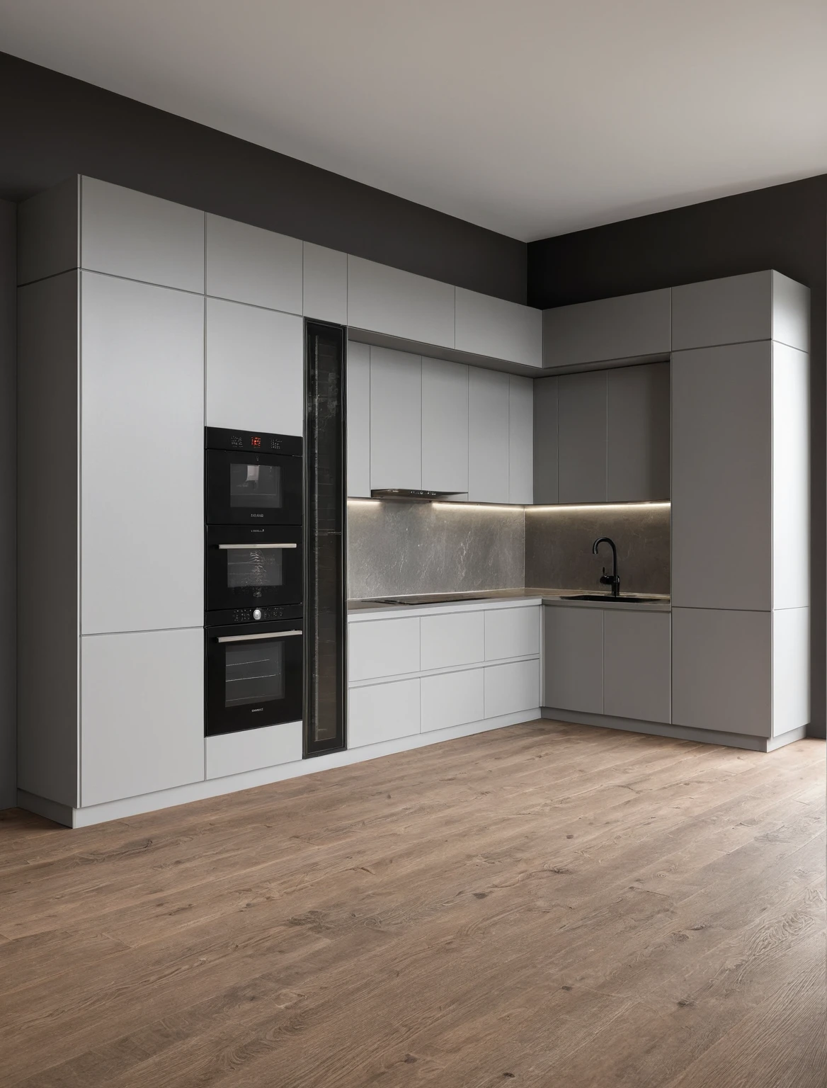 Raw photo,Masterpiece, high quality, best quality, authentic, super detail, interior , sunset, daylight, Kitchen Cabinets style modern, Induction cooker, sink, faucet, oven, built-in microwave, wooden floor, ((grey tones))