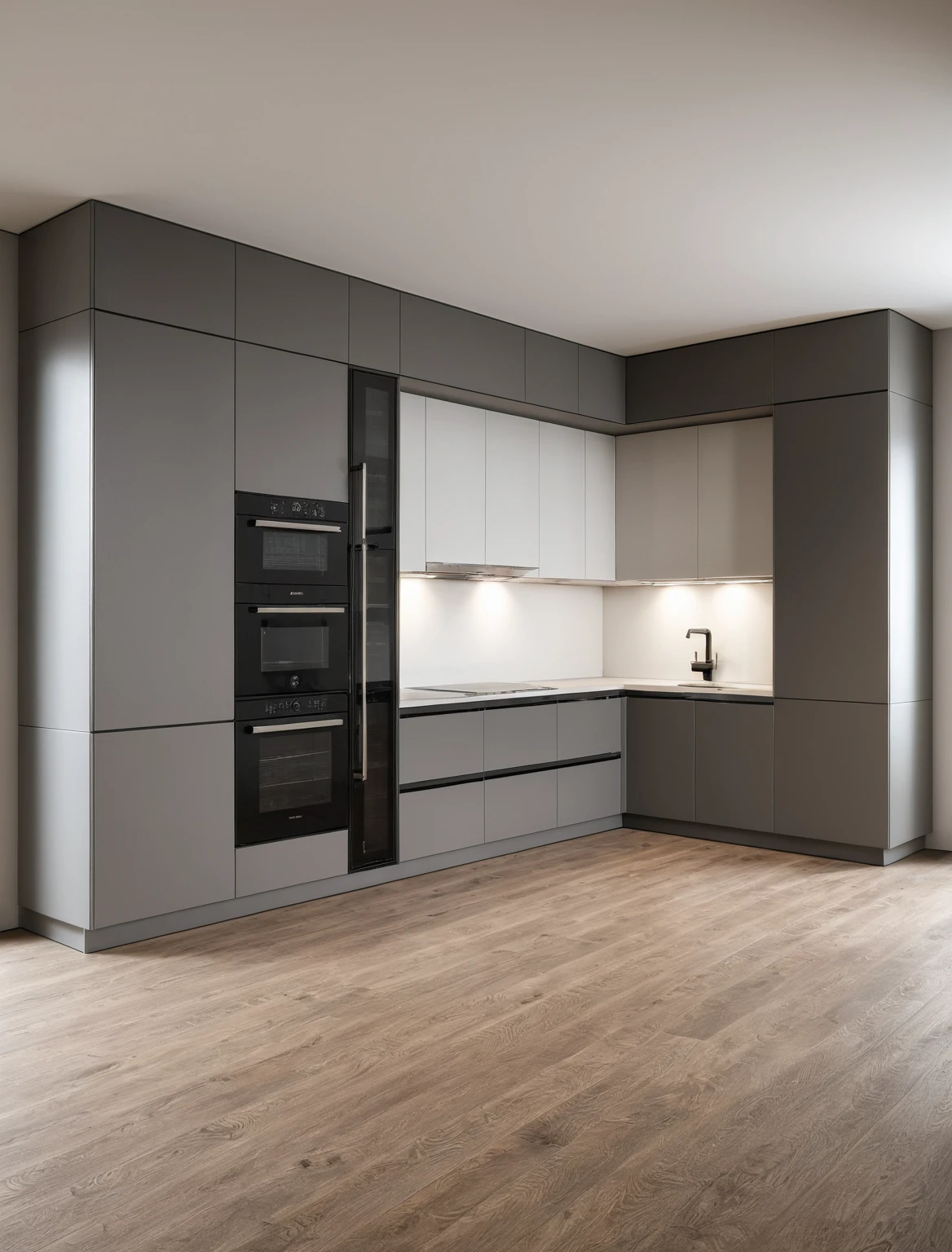 Raw photo,Masterpiece, high quality, best quality, authentic, super detail, interior , sunset, daylight, Kitchen Cabinets style modern, Induction cooker, sink, faucet, oven, built-in microwave, wooden floor, ((grey tones))