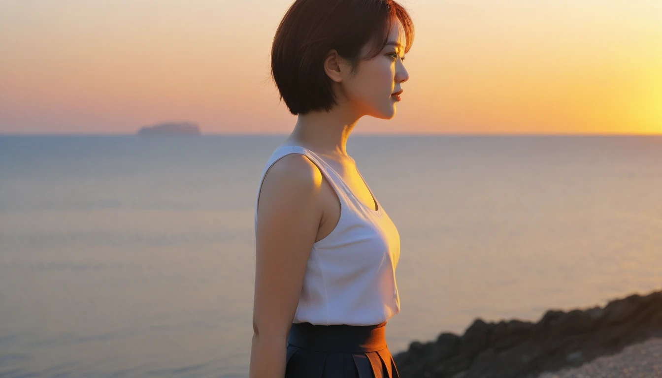 K Realistic, living photos, Realistic appearance of nature, , Side view looking at the sea at sunset. Close-up beautiful woman look , Side view of an Asian woman wearing a sleeveless thin skirt, burning sunset light, short medium hair, 1 woman