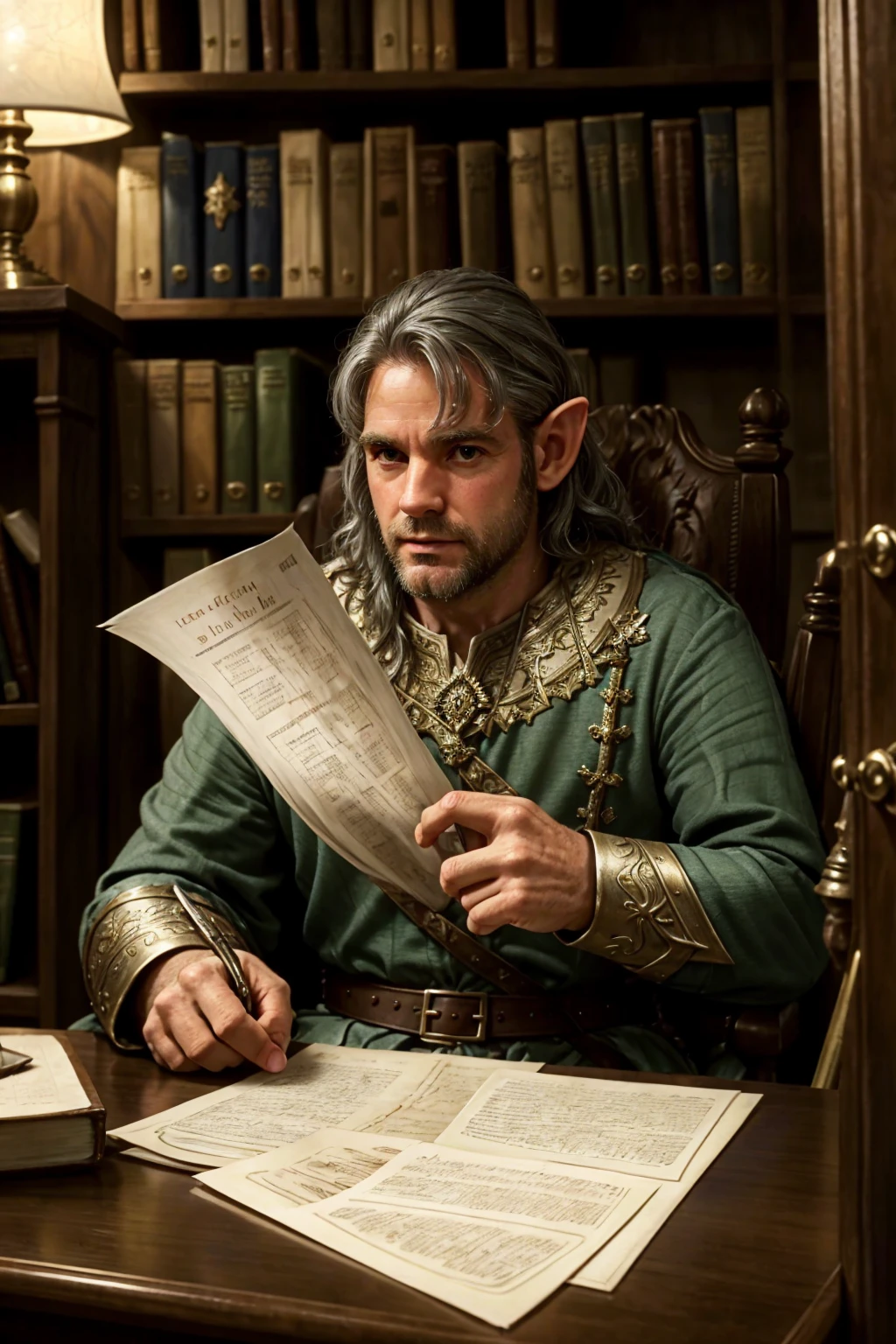 Elf 40 year old man who is wearing a battle cleric outfit sitting behind a desk with lots of papers piled behind him in a full library lots of books scattered everywhere. Salt and Pepper Hair to Gray hair, Clean shaven, No beard, No five O'clock shadow. 4 fingers 1 thumb, 2 hands.
