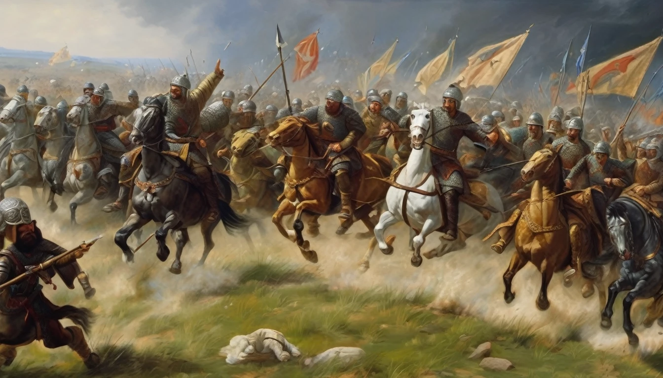 Oil painting, 9th century, battlefield, fleeing army