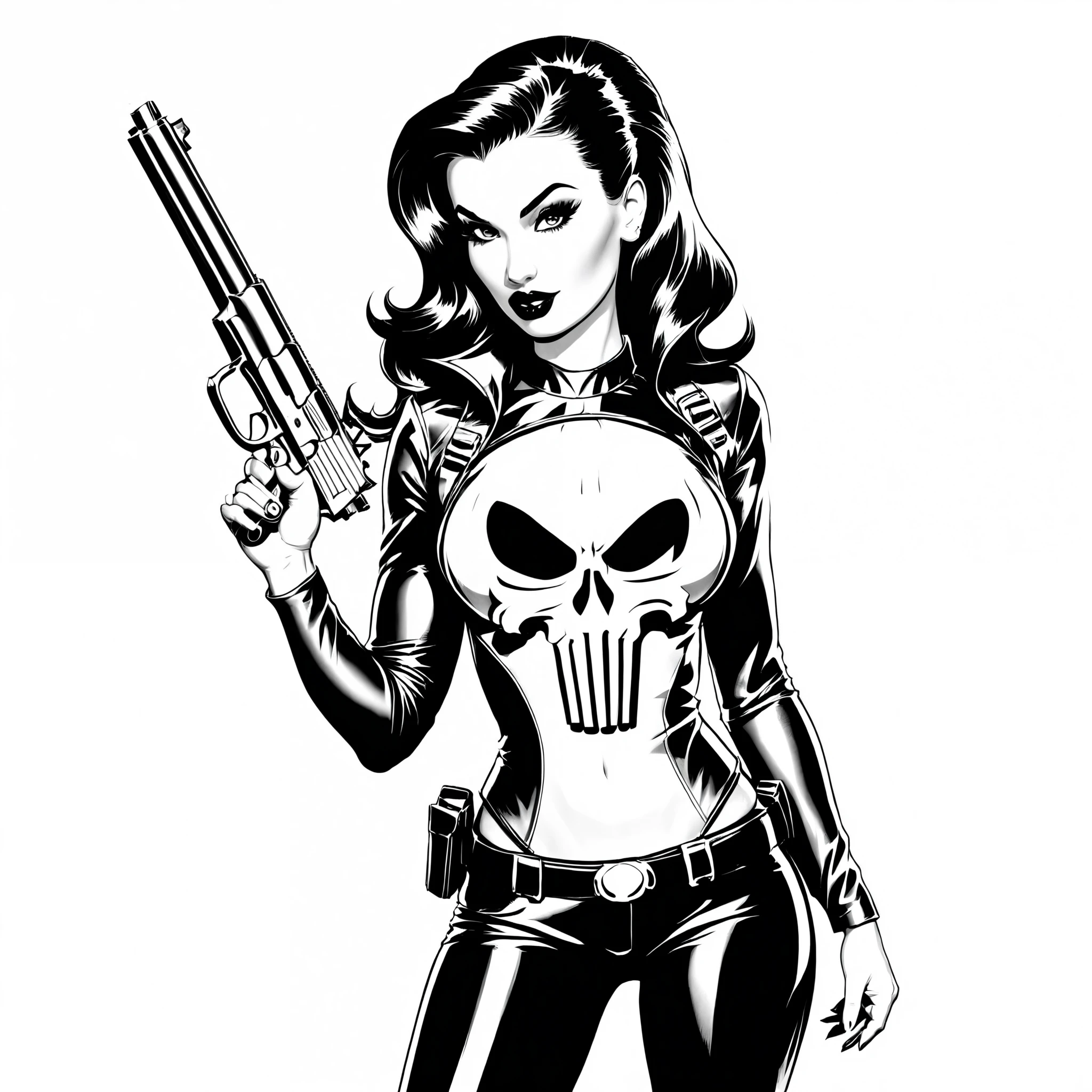 sexy pinup wearing a punisher shirt, coloring page, black and white, white background, entire body in shot, holding highly detailed gun