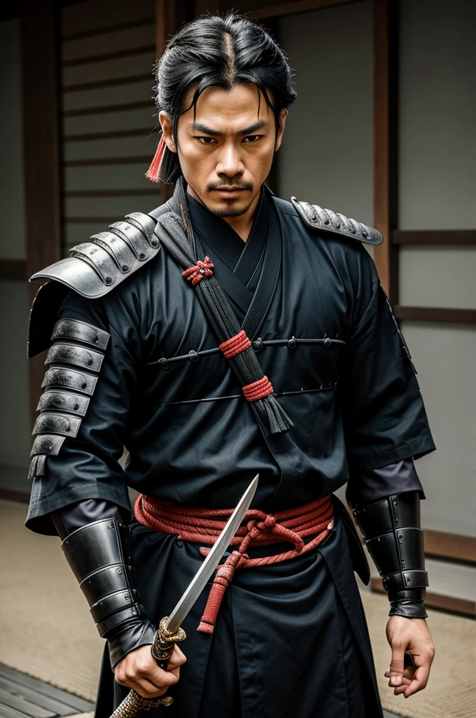 Serious samurai with sword in his hand