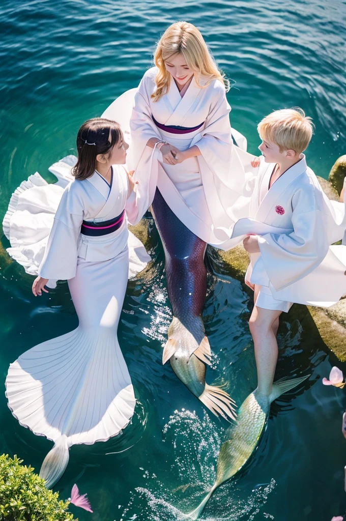 ,White people,kimono,Mermaid Skirt,Fluttering,Frills,4 people,luxury,whole body,2 children,family,Blonde,Side by side,2 children,