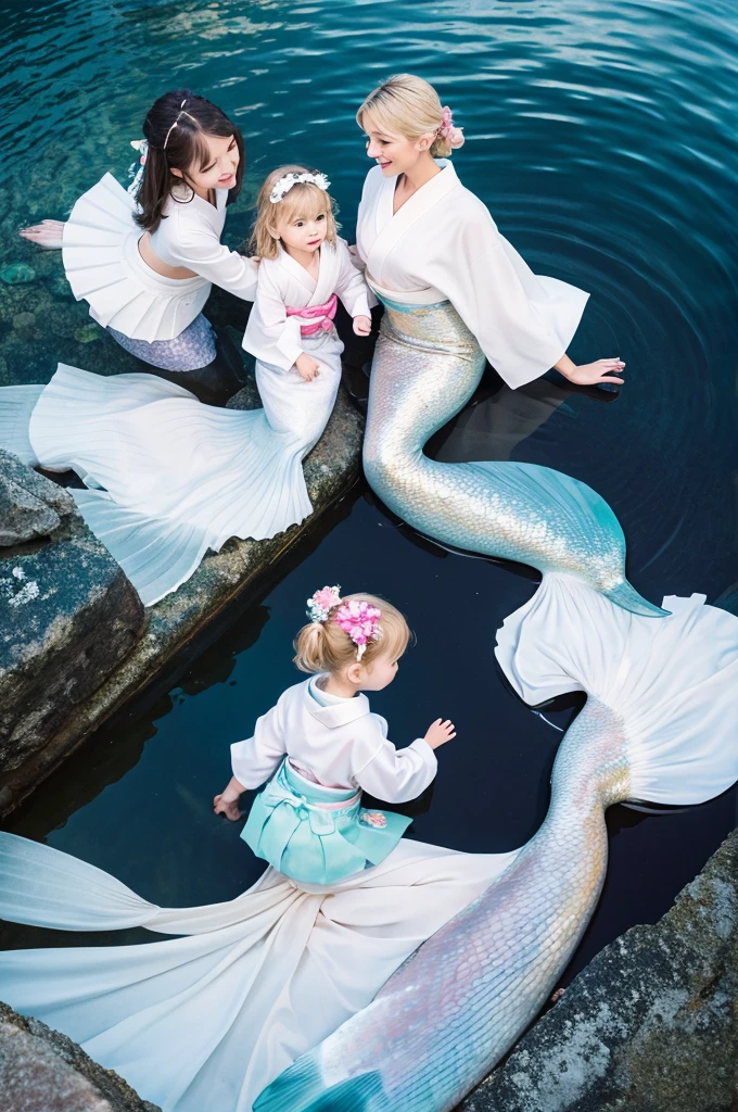 ,White people,kimono,Mermaid Skirt,Fluttering,Frills,4 people,luxury,whole body,2 children,family,Blonde,Side by side,2 children,No background,