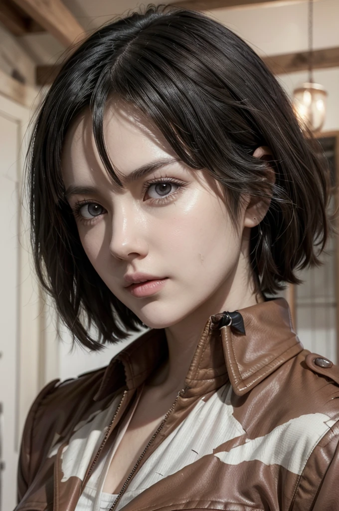 Mikasa from attack on titan, realistic, age 25, extreme pure white skin, brown pupils, black brown hair, white uniform on top of that a jacket, perfect face, perfect shape body, large breasts, clothes covered upper body, 3d .