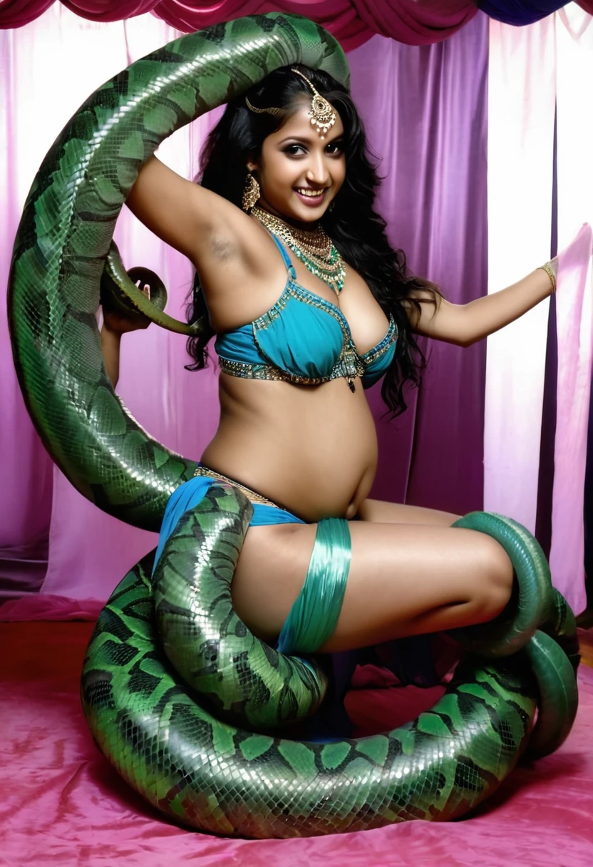 Pregnant Happy Horny, aroused 1girl), beautiful Indian young belly dancer with giant colossal Kaa monster squeezing her hard, wrapped in thick spiraling coils, constricted, struggle, gasping for air, snake attack, snake peril,