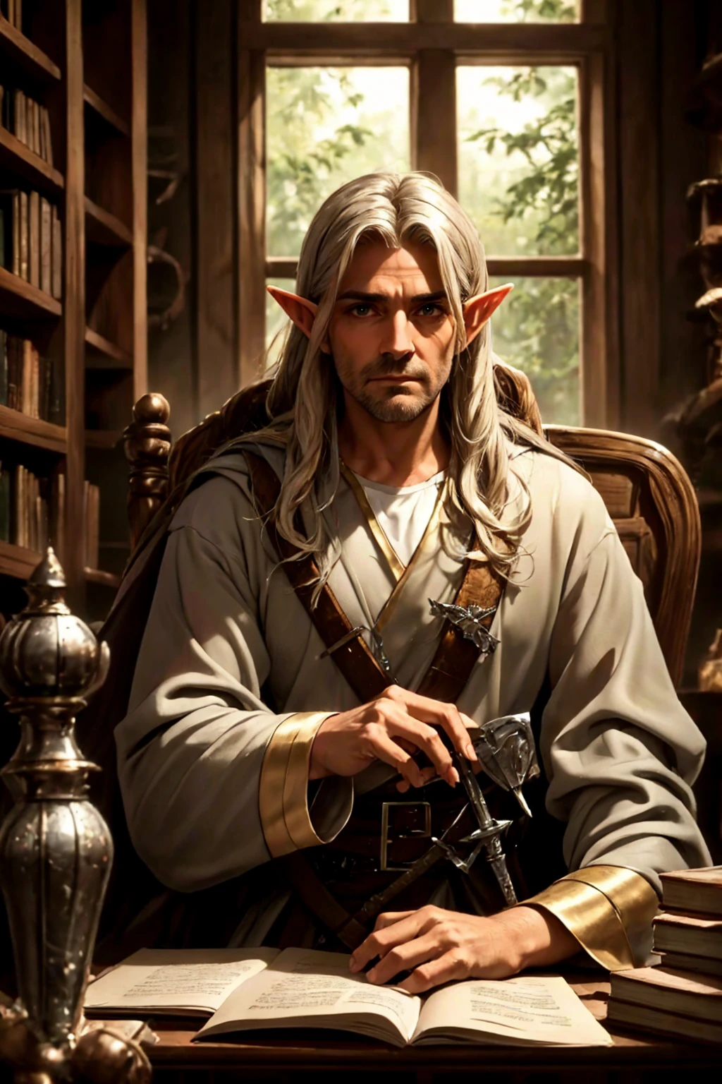 Elf 50 year old man who is wearing a fancy cleric robe with a battle sword on his shoulder, sitting behind a desk with lots of papers piled behind him in a full library lots of books scattered everywhere. GRAY HAIR, CLEAN SHAVEN, NO BEARD. Not Stubble on face, No five O'clock shadow.
