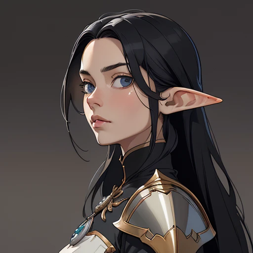 (masterpiece), (best quality),(portrait),(bust up),from below,looking down,1girl,solo,(sharp focus),((look at viewer)),elf, (black hair),(elf ranger) ,adult, (ancient:1),ancient luxurious long clothes,old school fantasy art,((simple background)),super shiny face,Stand up straight