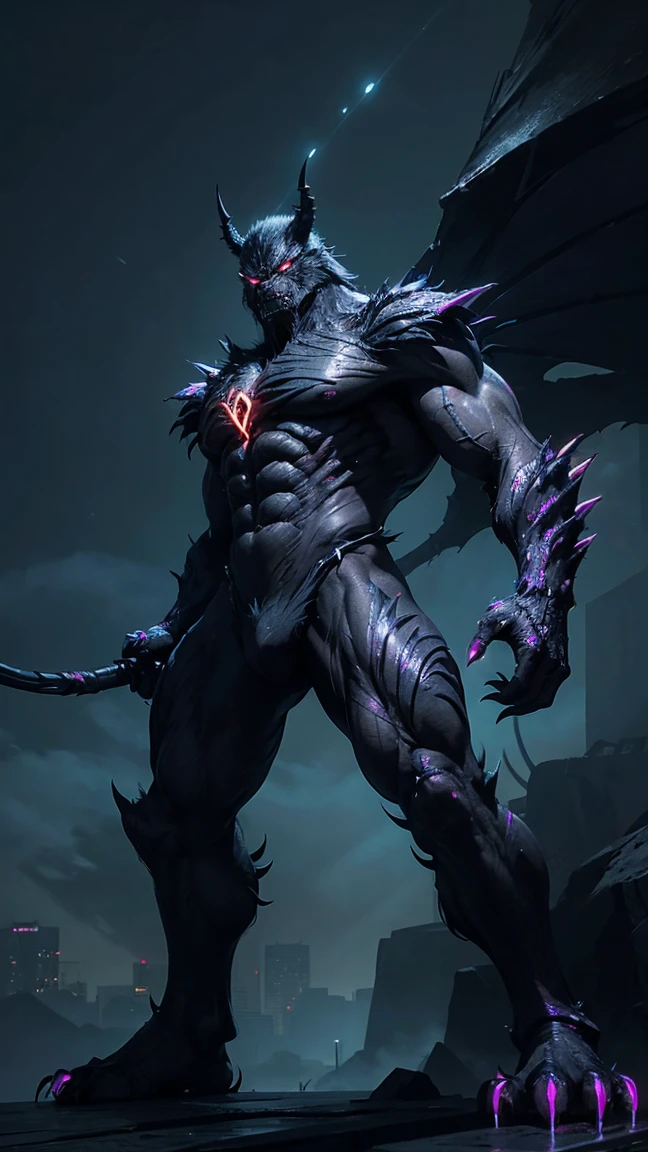 "A colossal monster towering over half the height of skyscrapers, with a muscular and slightly distorted humanoid-animal body. It has a massive head with glowing neon eyes and a wide mouth filled with sharp teeth. Two long, glowing antennae extend from its head. The monster's skin is covered in dark, scaly armor-like texture, with large arms ending in razor-sharp claws. Its back is adorned with spikes, and it stands on four powerful legs with talon-like feet, dragging a long, whip-like tail with a pointed tip. Glowing neon lines and patterns run across its body, giving it an otherworldly, menacing appearance."