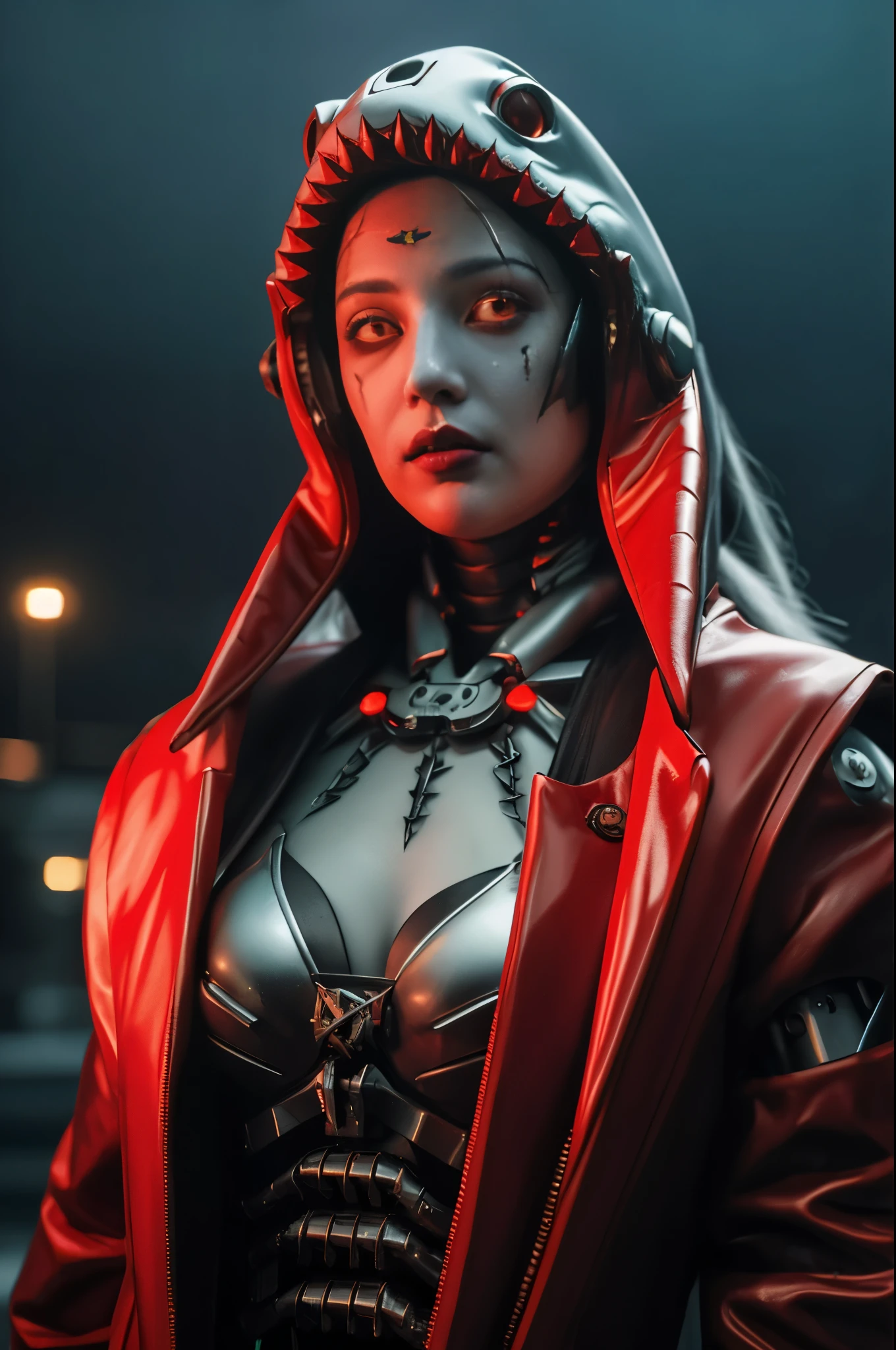 A cyborg Shark Girl doctor, Shark-themed design, devilcore art style, best quality, 4k, 8k, highres, masterpiece, ultra-detailed, realistic, photorealistic, photo-realistic, HDR, UHD, studio lighting, ultra-fine painting, sharp focus, physically-based rendering, extreme detail description, professional, vivid colors, bokeh, dark moody lighting, gothic horror, dark fantasy, intricate details, mechanical parts, feathers, glowing eyes, ominous atmosphere, dramatic lighting, black and red color palette