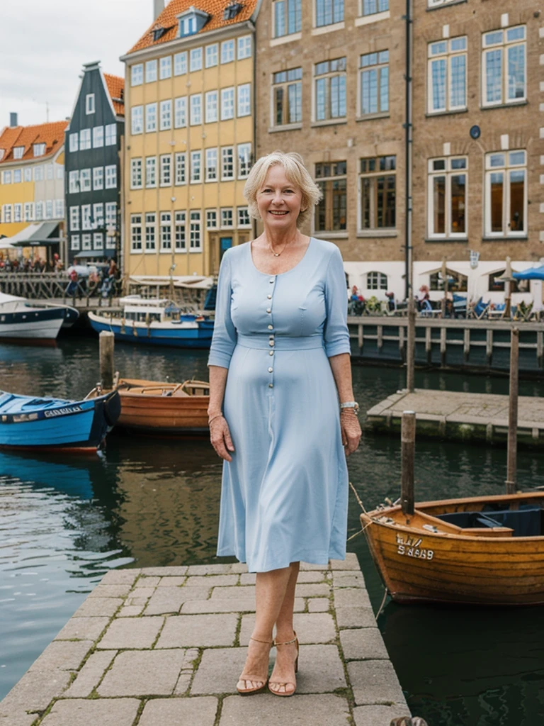 Ellen Burstyn, her name is Lieke, high quality, 1 OLD WOMAN, ((50-year-old plump dutch woman)), ((55 years old)), (((wrinkled body))), ((((old body)))), milf, ((short hair)), (((no make up))), (pale skin),(large breasts), ((wide hips)), ((thick legs)), POSE: STANDING, ((she is wearing MODEST stylish Generation X wear COLORFUL)), cheerful, happy, BACKGROUND: outdoor: Nyhavn, Copenhagen: Colorful historic buildings lining a canal with old wooden ships docked alongside. Cobblestone streets.
