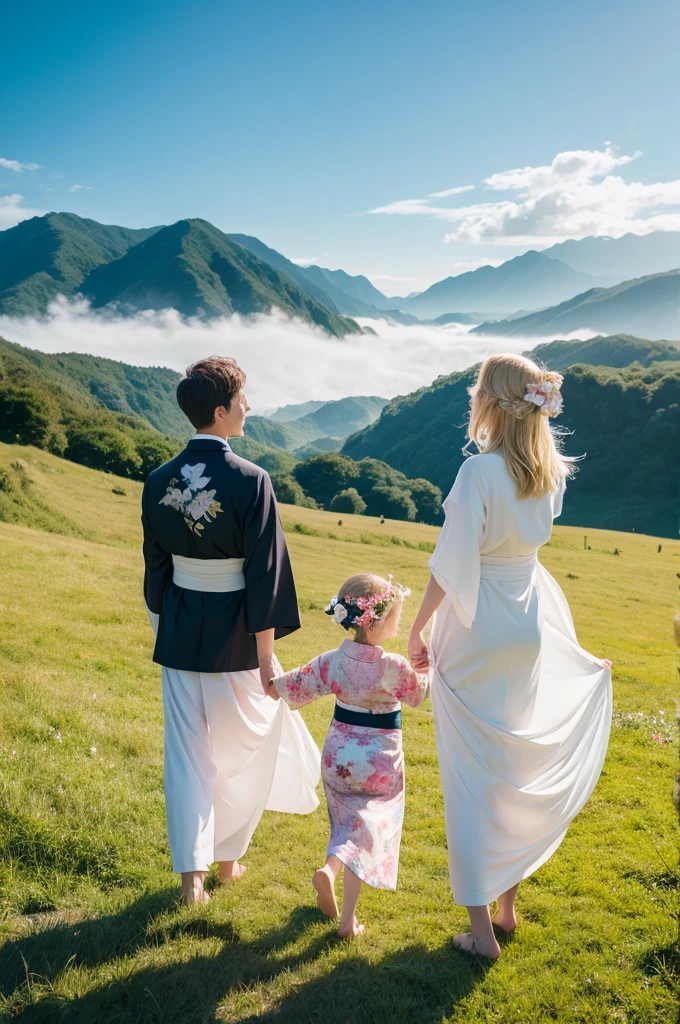 ,White people,kimono,Mermaid Skirt,Fluttering,Frills,4 people,luxury,whole body,2 children,family,Blonde,Side by side,2 children,grassland,