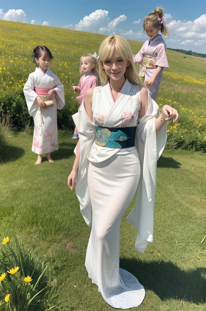 ,White people,kimono,Mermaid Skirt,Fluttering,Frills,4 people,luxury,whole body,2 children,family,Blonde,Side by side,2 children,grassland,front,